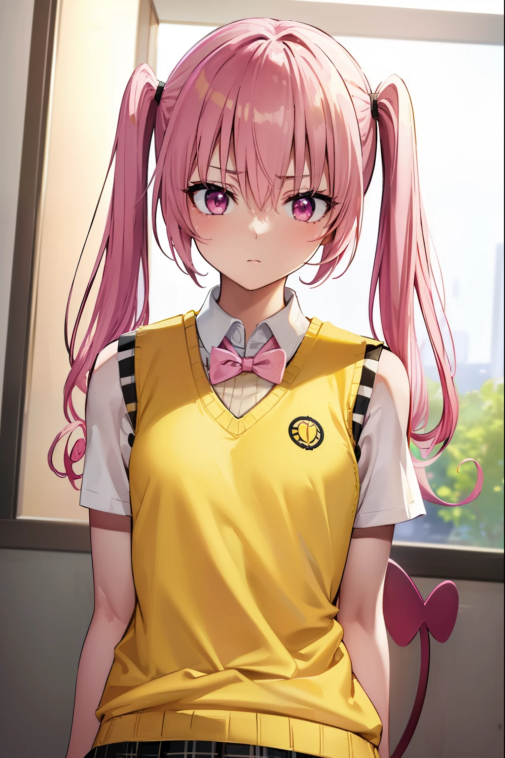 Nana Devilke, Nana That Deviloke, tooth, long hair, (pink eyes:1.5), pink hair, tail, twintails, (flat chest:1.2),
break green skirt, Plaid, Plaid skirt, sainan high school uniform, school uniform, skirt, shirt, white shirt, sweater vest, (yellow sweater vest:1.5), short sleeve,
break looking at viewer,
break indoors, classroom,
break (masterpiece:1.2), highest quality, High resolution, unity 8k wallpaper, (figure:0.8), (beautiful detailed eyes:1.6), extremely detailed face, perfect lighting, extremely detailed CG, (perfect hands, perfect anatomy),