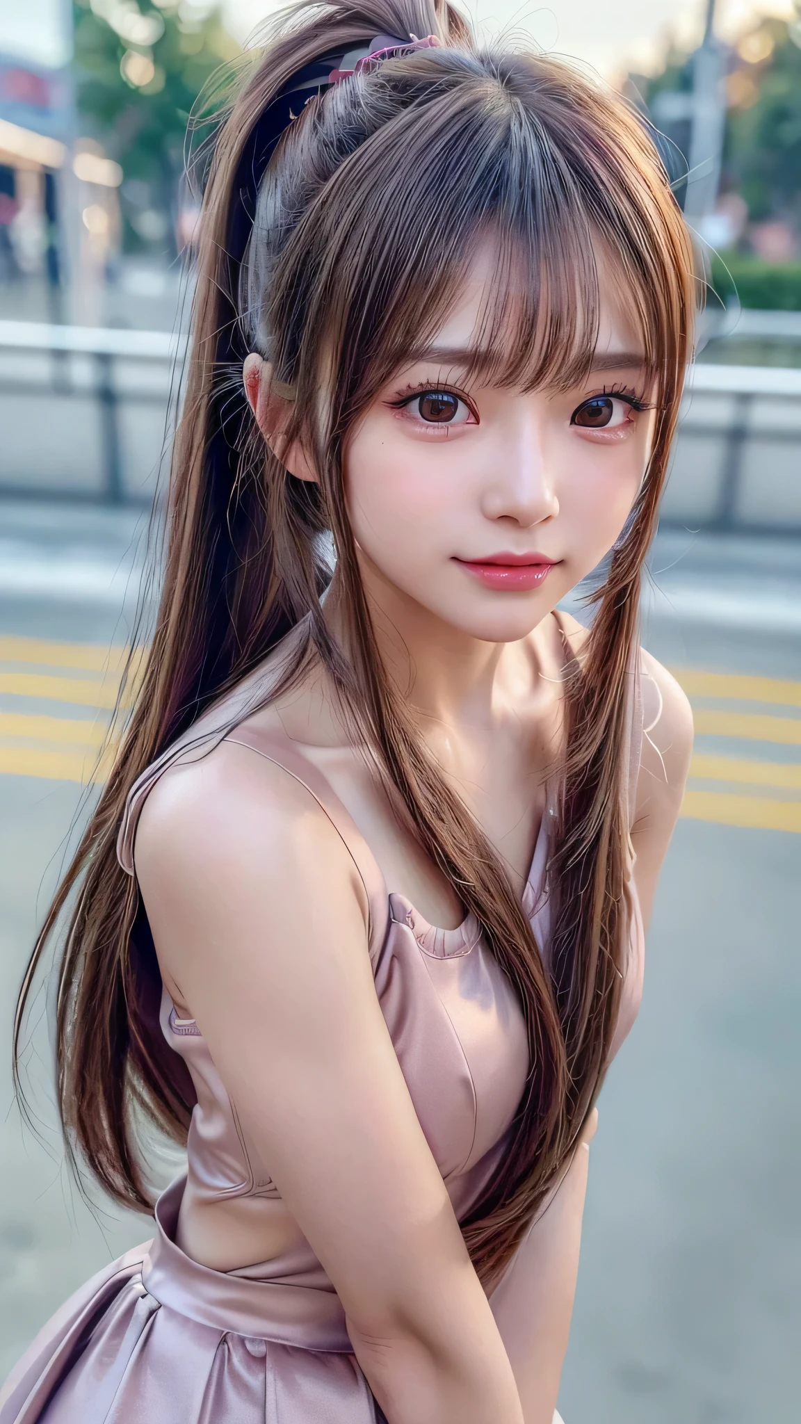 blush,14 years old,small breasts,long hair ponytail,winter,long coat,long skirt,Enjoying dating,amusement park,close up of face,((8K, Raw photo, best quality, muste piece:1.2), (Reality, photorealistic:1.4), (Highly detailed 8K wallpaper), Depth of bounds written, cinematic lighting, soft light, detailed beauty eye,Shiny and smooth light brown ponytail, asymmetrical bangs, shiny skin, super detailed skin ,high resolution, high detail, detailed hairstyle, detailed beauty face, hyper real, perfect limbs, perfect ??????? ,1 Japanese girl,famous japanese idol, perfect female body,shy smile,short eyelashes,double-edged eyelids,look straight here,Hair style is ponytail,