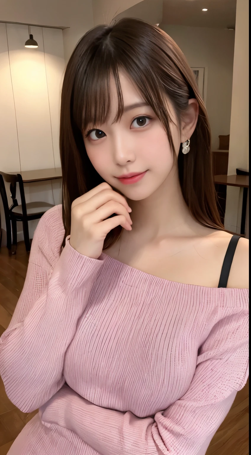 table top, highest quality, figure, super detailed, finely, High resolution, 8k wallpaper, 完璧なダイナミックな構figure, beautiful and fine eyes, natural lip, , random sexy pose,Rphoto,cute,smile、tight knit dress、big breasts、A that shows off the shape of your chest