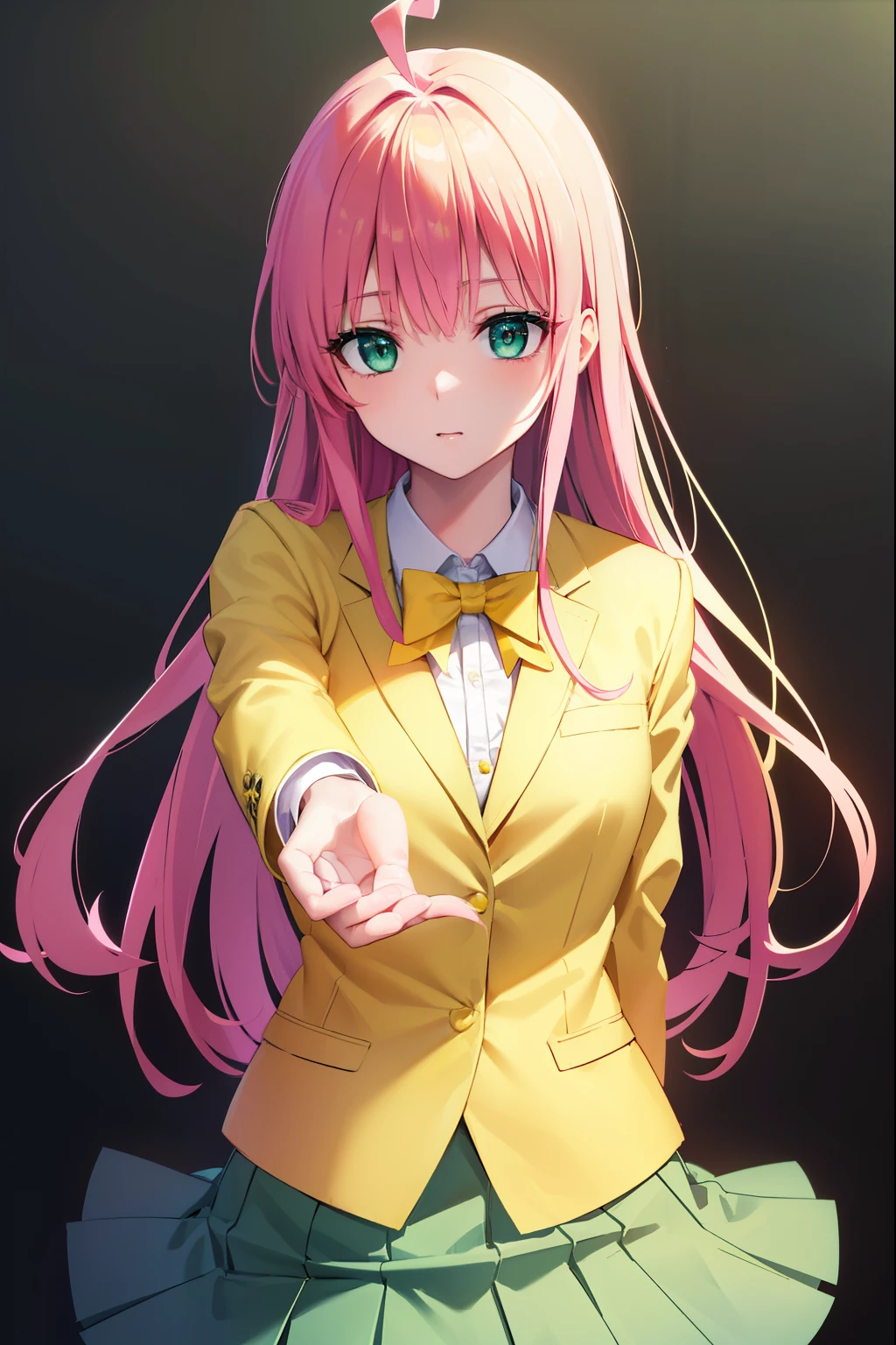 Lara Devil Luke, Lara Deviluke, long hair, pink hair, tail, Ahoge, bangs, hair ornaments, (green eyes:1.5),
break school uniform, white shirt, (yellow blazer:1.5), blazer, ribbon, green ribbon, pleats, pleats skirt, skirt, (green skirt:1.5),
break looking at viewer,
break indoors, classroom,
break (masterpiece:1.2), highest quality, High resolution, unity 8k wallpaper, (figure:0.8), (beautiful detailed eyes:1.6), extremely detailed face, perfect lighting, extremely detailed CG, (perfect hands, perfect anatomy),