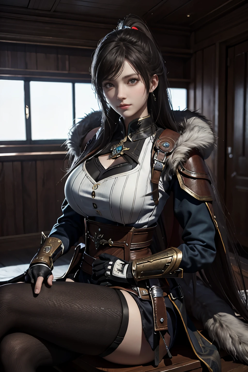 Game art，The best picture quality，Highest resolution，8K，(A bust photograph)，(Portrait)，(Head close-up)，(Rule of thirds)，Unreal Engine 5 rendering works， (The Girl of the Future)，(Female Warrior)， 
20岁少女，((Hunter))，An eye rich in detail，(Big breasts)，优雅高贵，冷漠，勇敢的，
（Medieval-style fur combat clothing，Glowing magic lines，Animal skin clothing with rich details），Medieval Lady Knight，Medieval ranger，
拍照姿势，简单背景，Movie lights，Ray tracing，Game CG，((3D Unreal Engine))，oc渲染反射纹