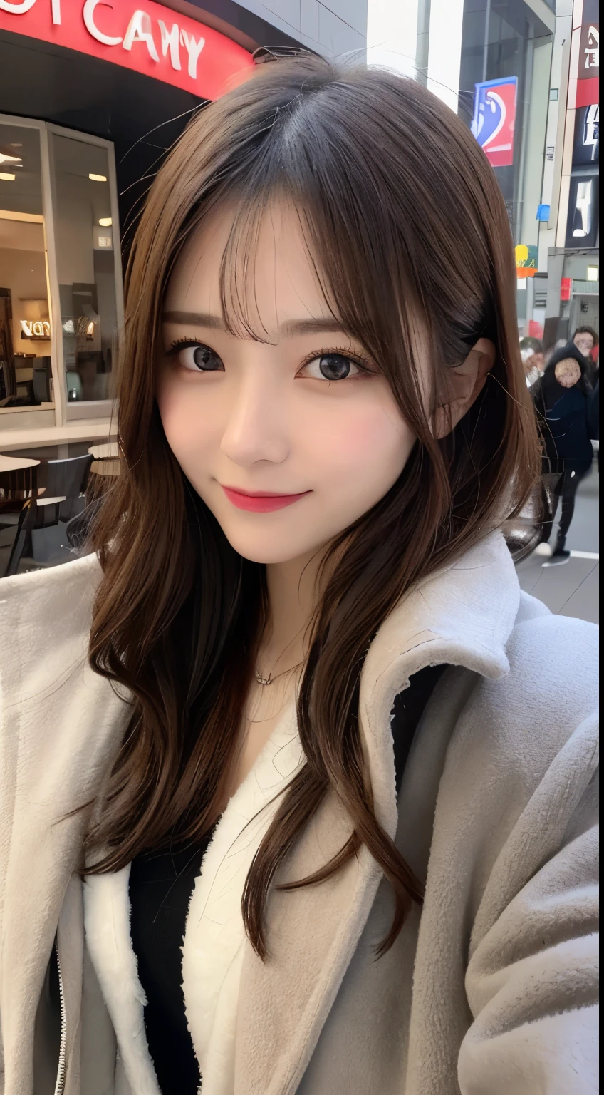 table top, highest quality, shape, Super detailed, finely, High resolution, 8k wallpaper, 完璧なダイナミックな構shape, beautiful and detailed eyes, Gorgeous and stylish black fluffy latest trend Tokyo winter clothes,ランダムなcute髪,small breasts,natural color lip, bold sexy pose,smile、20 year old girl、cute、sexy shot looking at camera,Always blur the background,perfect and beautiful face,Take only the face,beautiful and detailed face、slim face and style,Big eyes、Do gal makeup,real photos、luxury brand mink coat、Take a full body photo、smile