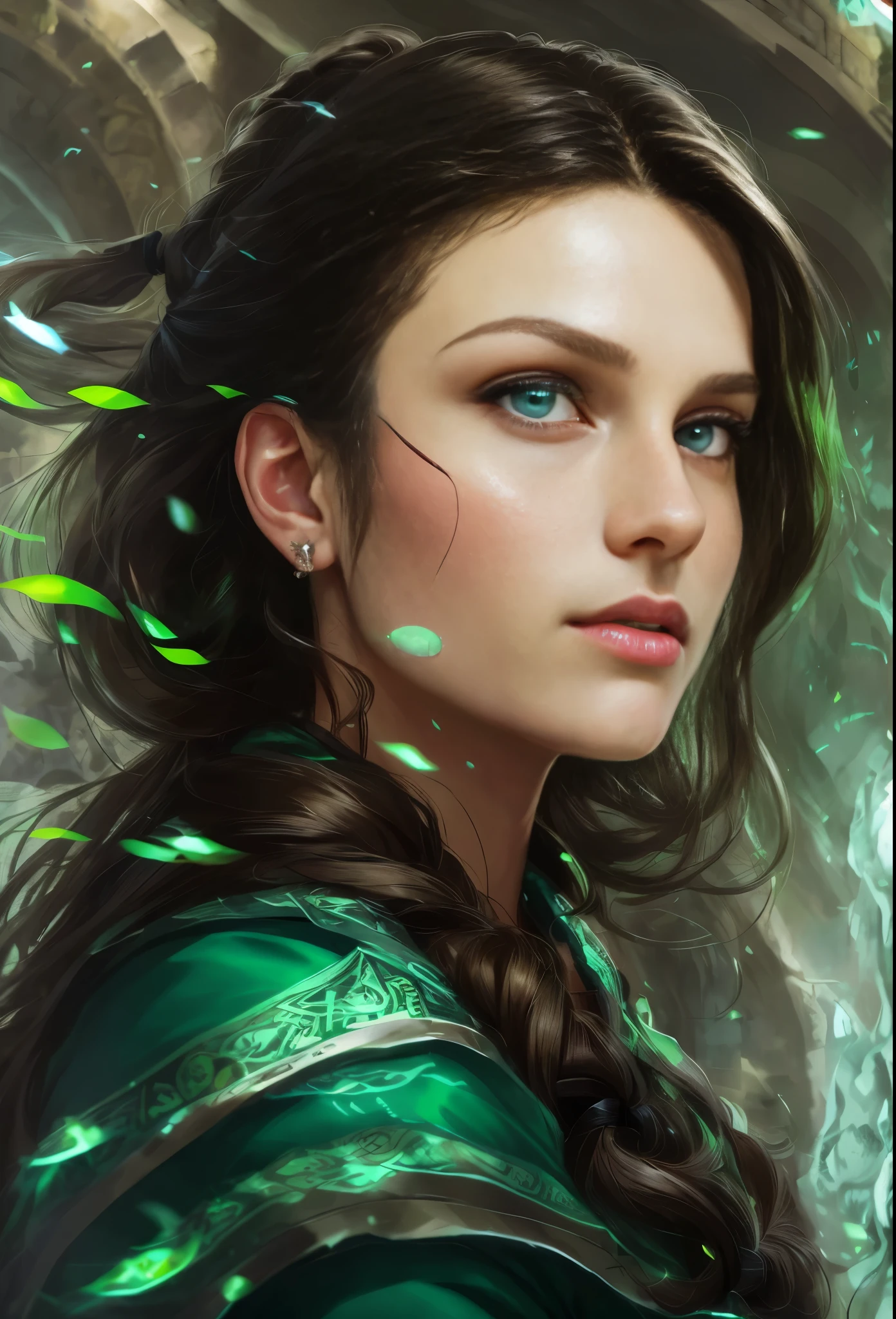 High resolution, brunette girl, 28 years old, bright blue eyes, a pattern of stones on her face from forehead to temples, brunette, temples slightly shaved, long black hair pulled back in a ponytail, temples slightly shaved, dressed in a silk shirt and loose trousers, bright green eyes, portrait, sea in the background, seagulls, realism, fantasy