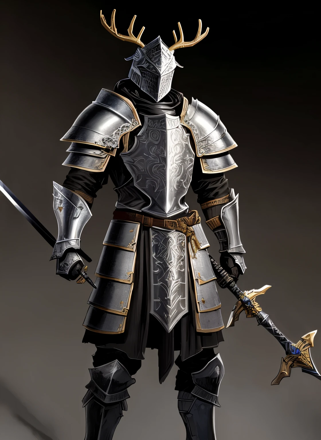 a close up of a man in armor holding a sword, for honor charector concept art, armored knight, armored warrior, medieval concept art, paladin armor, dark souls knight, black, dark picture , dark area, knight in armor, heavy fantasy armor, the dark souls knight, knight wearing plate armor, epic paladin armor, silver and gold heavy armor, fantasy knight, dark souls concept art, antlers, helmet with antlers, massive physique, huge breastplate, huge shoulders, swolle