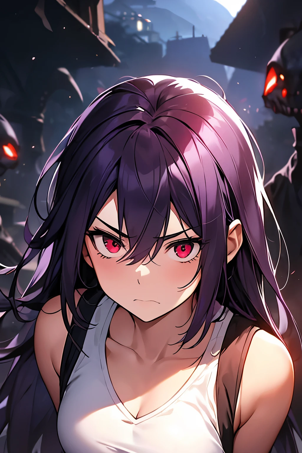 A girl, dark purple hair, , front view, wearing a white sleeveless shirt, scared expression, background with many scary red eyes around 