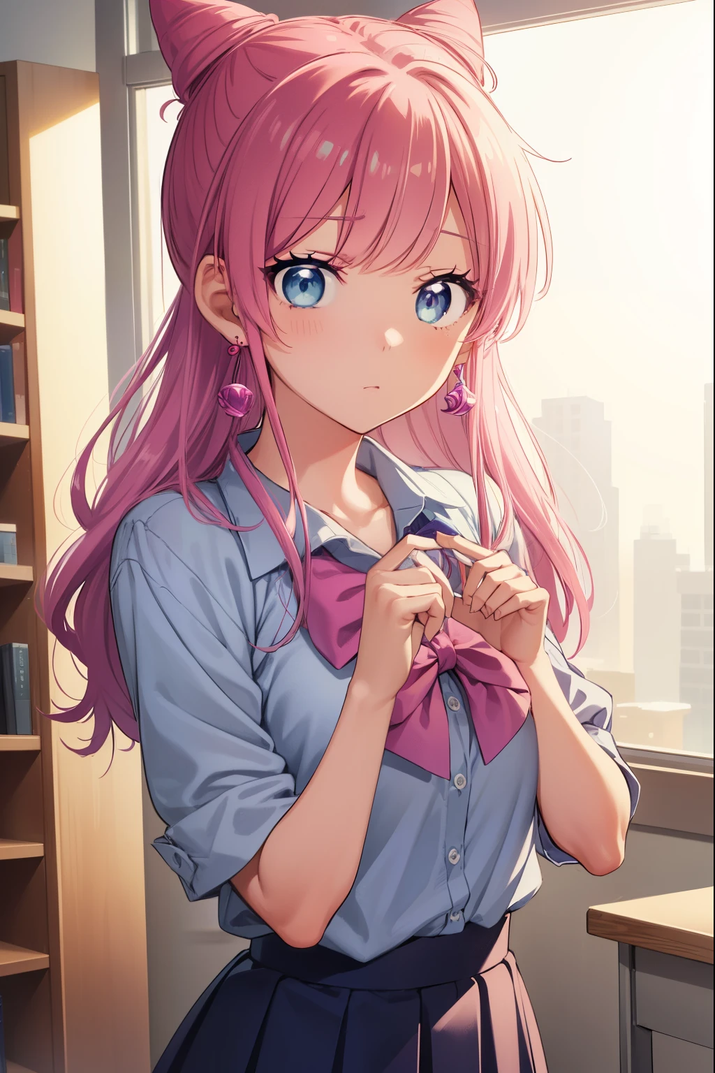 Akari Watanabe, Juri Watanabe, long hair, blue eyes, pink hair, bun hair, double bun, cone bun hair,
break skirt, shirt, bow, jewelry, pleated skirt, earrings, blue skirt, blue shirt,
break looking at viewer, whole body,
break indoors, classroom,
break (masterpiece:1.2), highest quality, High resolution, unity 8k wallpaper, (figure:0.8), (beautiful and fine eyes:1.6), highly detailed face, perfect lighting, Very detailed CG, (perfect hands, perfect anatomy),