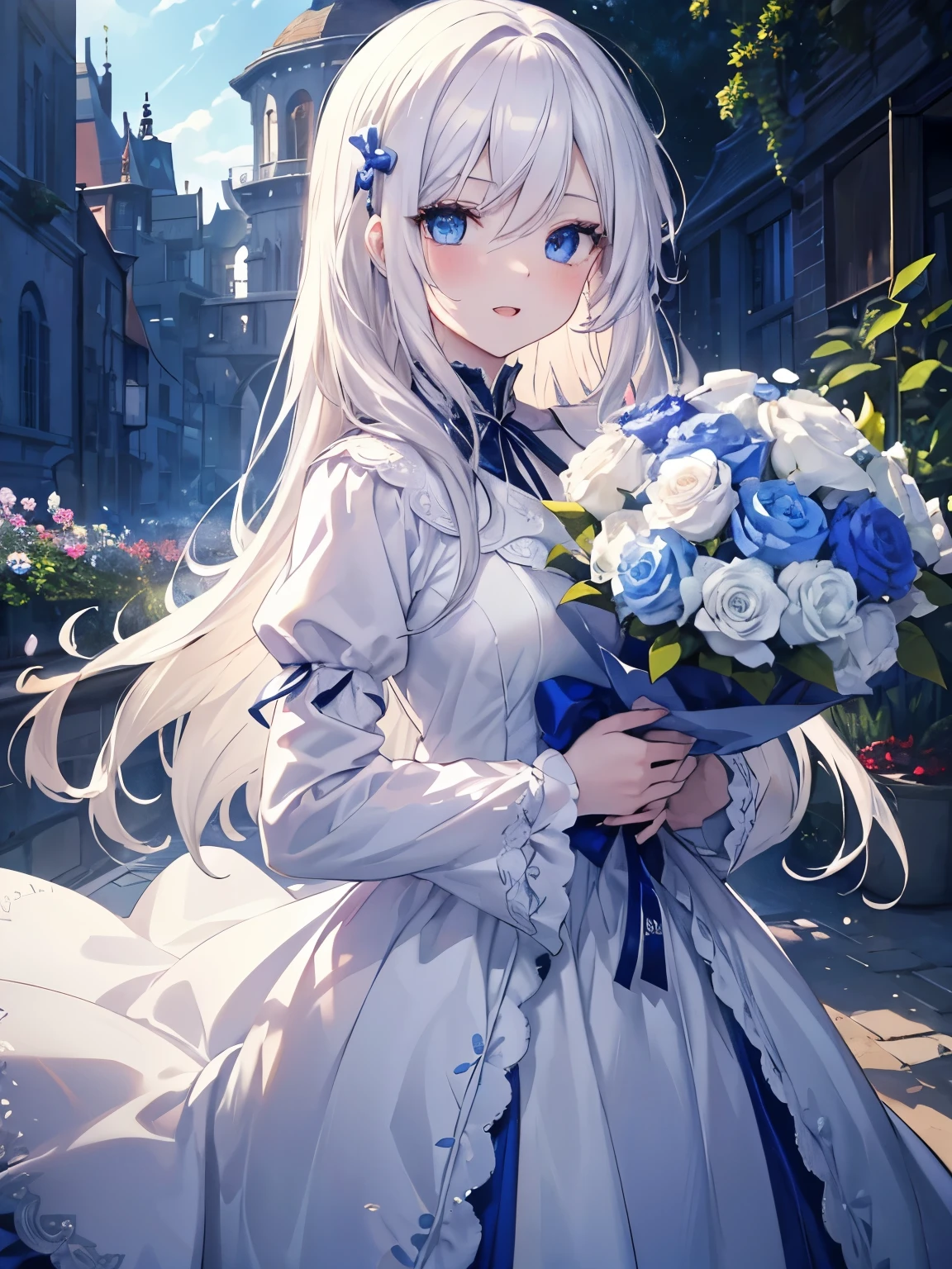 masutepiece, Highest Quality, (Perfect face:1.1), (high detailing:1.1), (ultradetailed eyes), Dramatic, superfine illustration, Extremely detailed, 1girl in, (pale skin), long white hair, Ethereal eyes, Blue eyes,tareme, (light eyebrow),blush,Solo,Smile, Happy, Laugh together,Enjoy, open mouth,Pouty lips,Cinematic lighting, Looking at Viewer, Cowboy Shot,Long sleeve,holding a bouquet, long sleeve,blue princess dress, flower garden