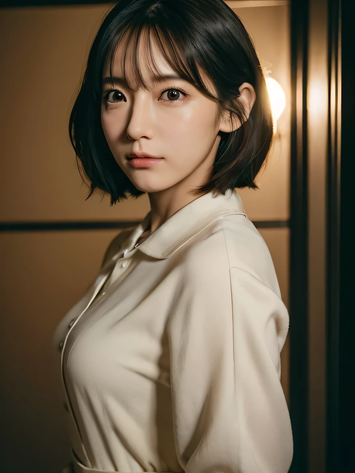 high quality、High resolution、masterpiece、sharp focus、realistic、RAW photo、cinematic lighting、驚くほど美しい女性のrealistic全身ポートレート、Focus from the waist up、heavy makeup、blush、embarrassing、black eye、Hvery detailed brown eyes、Detailed symmetrical realistic Asian face、Hvery detailed natural textures、black haired、short hair、very detailed、finely、rich colors、Super realistic texture、dramatic lighting、looking at the viewer、model shooting style、cowboy shot、dynamic pose、A room in the office、suit、detailed hand drawn