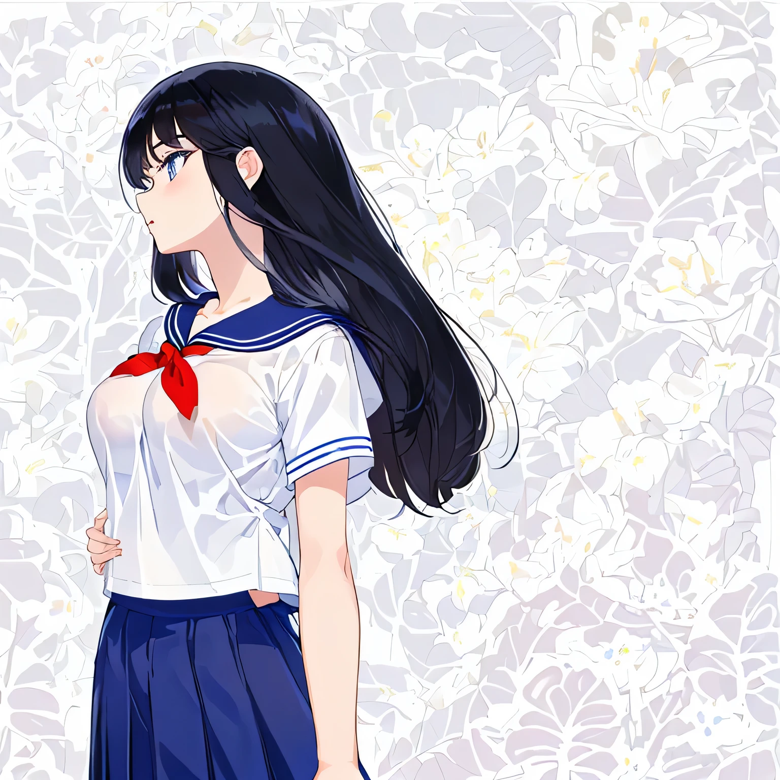 masterpiece, highest quality,figure,sailor suit,slanted eyes,straight hair,black hair,side parted,super dense skin,beautiful and fine eyes,short sleeve shirt,blue eyes,(big breasts:1.2), (A raised and well-defined bust:1.2), (Lifted chest:1.2), (perky chest :1.2),high school girl