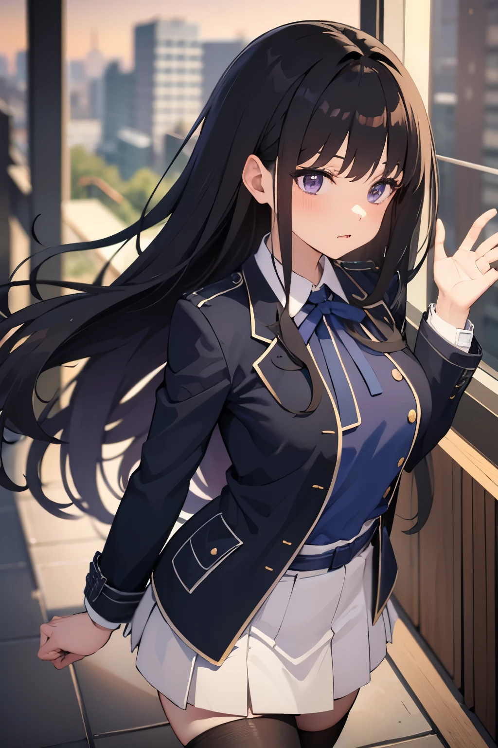 (masterpiece, highest quality, High resolution, UHD, perfect pixel), Takina Inoue, long hair, bangs, black hair, (purple eyes:1.2), medium breasts, dynamic pose, Big breasts, perfect body, (erotic pose, throw), hugged, blush, white shirt, long sleeve, dress, collared shirt, neck ribbon, school uniform, suit, kimono, black skirt, black jacket