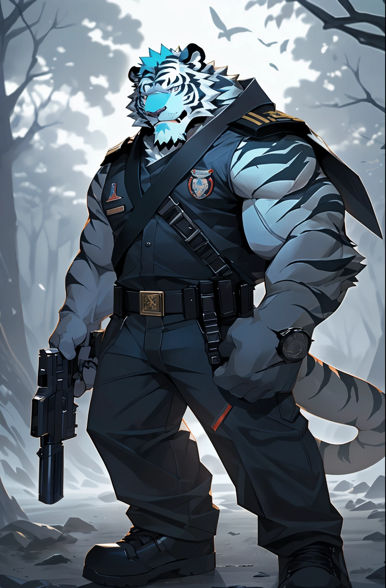 anime character with tiger , tiger_beast, Firmware version, high resolution committee, ((tiger)), gigachad muscular, muscular!!, Tik, muscular!, anthropomorphic tiger, muscular character, 库沙special·肯兹, Super detailed!!, muscular!!!, beefy, full body commission, Full body details are very rich,((16k)),((special)),(The two eyes are different in color,Different pupils:1.8),HD,(Colored hair:1.5),(Wearing a damaged combat uniform:1.5),solo,(表情perseverance:1.3),hope,((One eye is blue,The other eye is gold:1.5)),(A pair of eyes with different pupil colors:1.5),((perseverance:1.6)),((perseverance的看着:1.5)),(front:1.3),HD,(cg),(perfect hands),(perfect face),(Very detailed face:1.5),(Put on a military cap:1.3),(Military clothes cover the arms),(((Very detailed eyes))),(((Holding a gun in hand))),((Spooky woods)),((Gloomy weather)),((covered in wounds))