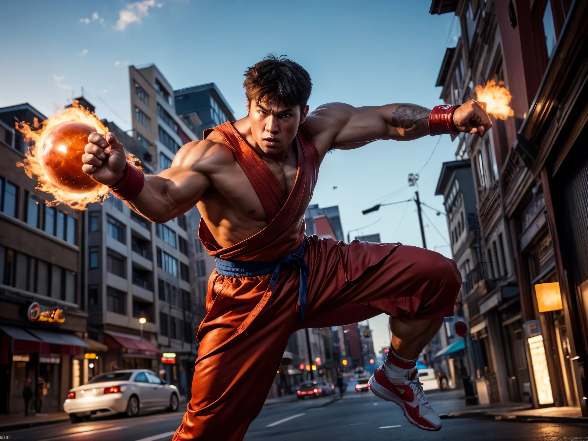 8k,RAW photo, best quality, masterpiece:1.2),(realistic, photo-realistic:1.37), ultra-detailed,full body,Ryu-street fighter,1man,solo,beautiful detailed sky,detailed street,afternoon,handsome detailed eyes,handsome lips,professional lighting, photon mapping, radiosity,physically-based rendering,extremely detailed eyes and face, handsome detailed eyes,light on face,cinematic lighting,1man,full-body shot,punch, jump, shooting fireball from two hand,