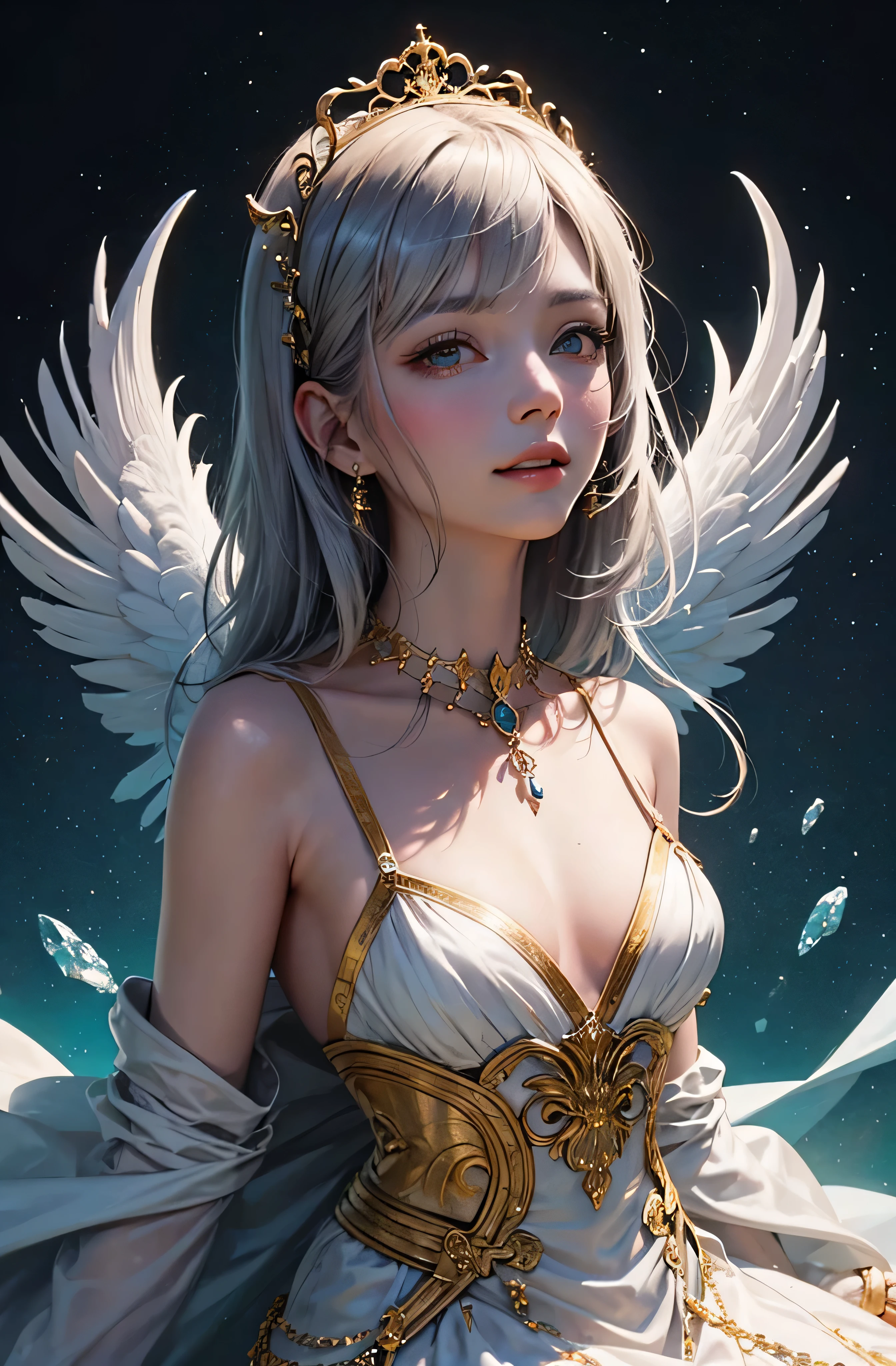 castle in the distance、face is in front、look at the camera、profile、8K、real photos、ultra high resolution, master parts, highest quality, ticker , cinematic images,nice girl、Ann、16 only、Annグロサクソン、double eyelid、droopy eyes、very big eyes、eyes are purple、dark eye shadow、lips are very thin、The tip of your nose grows beautifully.......................................................、small nose,,,,, very detailed , silver hair、straight short hair、smile、 sweet expression 、)、very clear shadows , jewelry , fine eyes, Very difficult, shiny skin , パーフェクトブリリAnnト, perfect sentence, dramatic shadow、white tiara on head、Gold necklace around the neck、White aristocratic dress with gold embroidery、glass high heels、angel wings