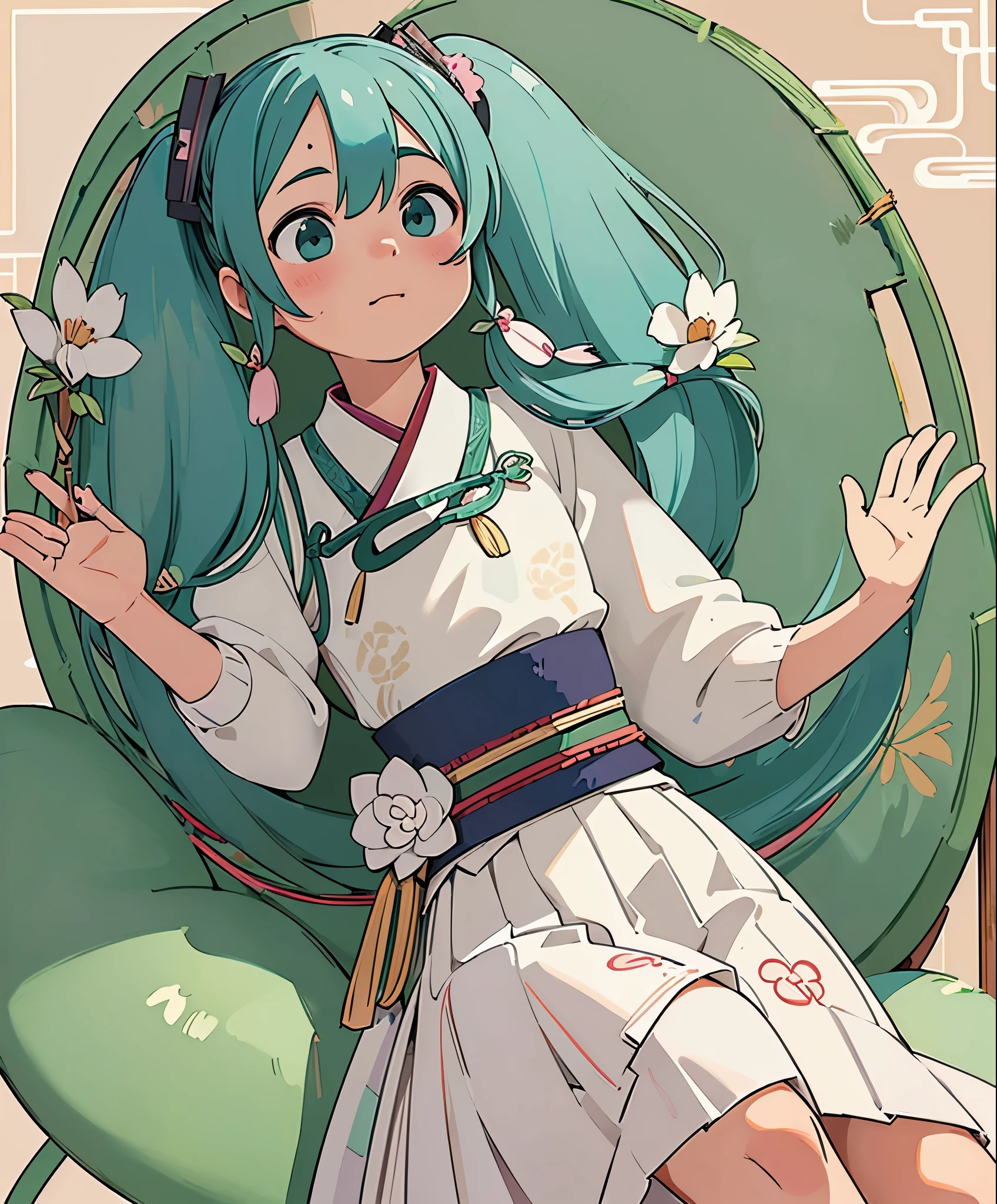 (masterpiece、highest quality、highest quality、official art、beautiful beautiful:1.2)、(1 girl:1.3)Hatsune Miku、beautiful breasts、twin tails、adorable笑顔、very detailed、 girl,wave your hands loudly,Summery white dress,1sticker,handbook,(sticker,1 girl,Ming Dynasty Chinese clothes,Gorgeous collared top,pleated long skirt,Hanfu,embroidery,hairpin,bamboo,moss,pavilion), watercolor,white background, simple back gown, cent, adorable, small, pastel colour, vector style, Not graded,background classical chinese style