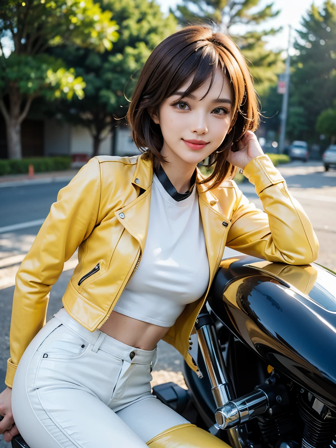 ((best quality)), ((masterpiece)), ((perfect face))、(Detailed Motorcycle)、Detailed and clear photos、((Motorcycle Women))、slender body、((Yellow long sleeve riding jacket and white leather pants))、smile、((posing next to a motorcycle))、short hair