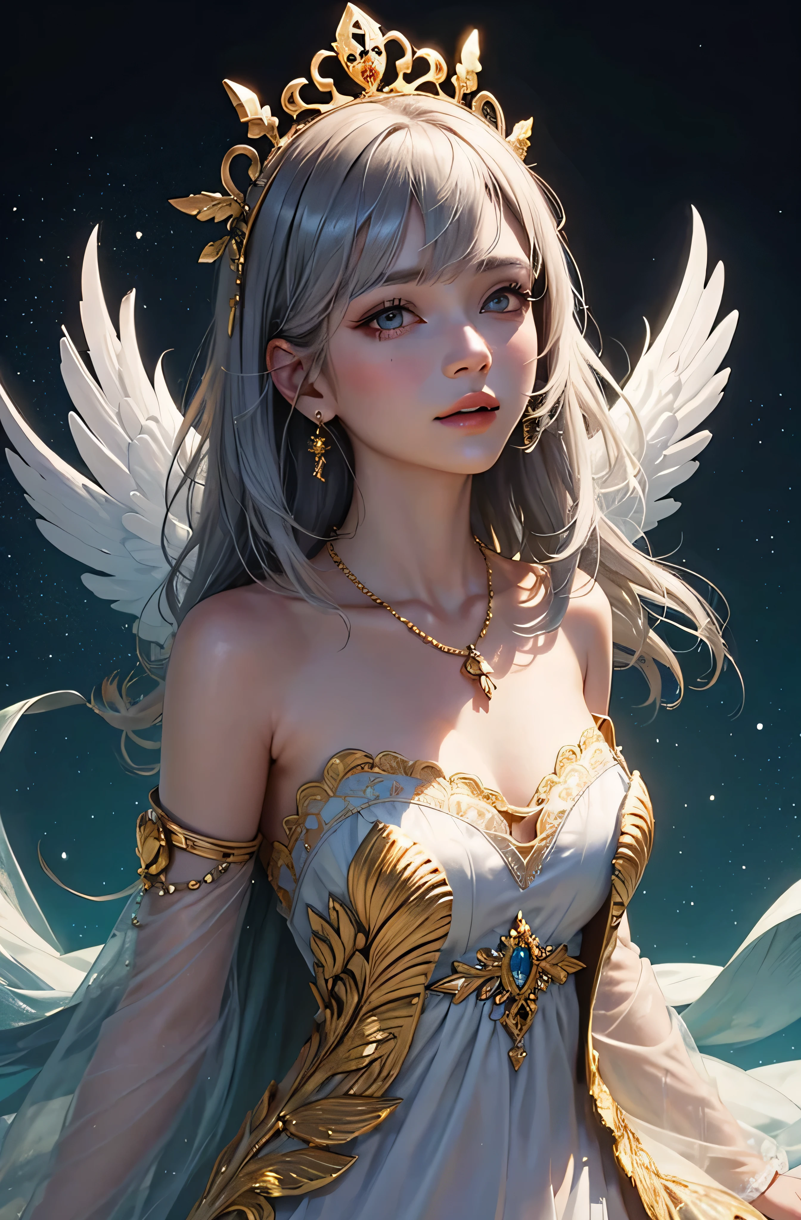 castle in the distance、face is in front、look at the camera、profile、8K、real photos、ultra high resolution, master parts, highest quality, ticker , cinematic images,nice girl、Ann、16 only、Annグロサクソン、double eyelid、droopy eyes、very big eyes、eyes are purple、dark eye shadow、lips are very thin、The tip of your nose grows beautifully.......................................................、small nose,,,,, very detailed , silver hair、straight short hair、smile、 sweet expression 、)、very clear shadows , jewelry , fine eyes, Very difficult, shiny skin , パーフェクトブリリAnnト, perfect sentence, dramatic shadow、white tiara on head、Gold necklace around the neck、White aristocratic dress with gold embroidery、glass high heels、angel wings