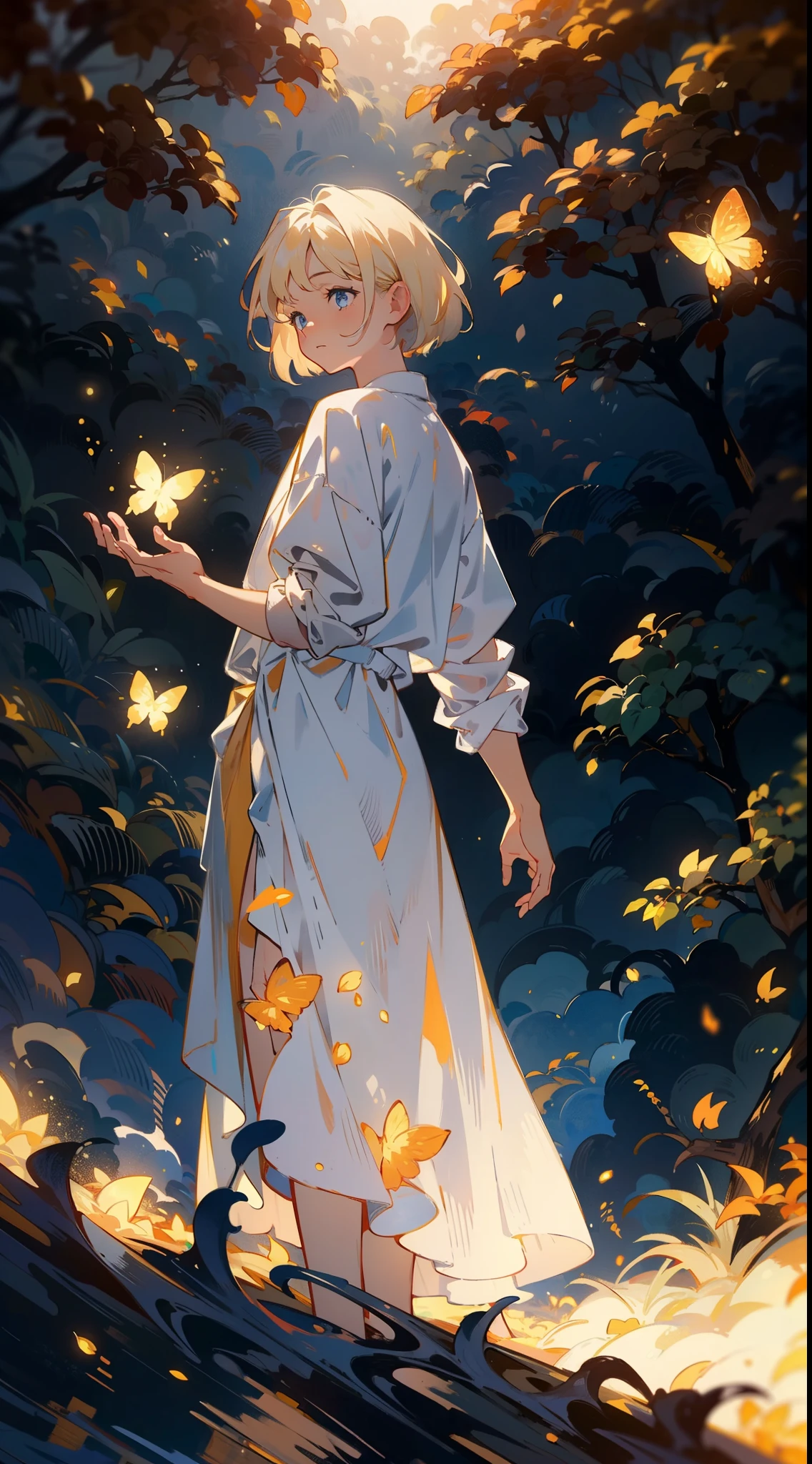 Bushfires, red flames, devastation, black smoke, masterpiece,best quality,HDR.UHD.4K,8K,64K,Highly detailed,ultra-finepainting,extreme detail description,Professional, 1 young man, volumetric light, platinum blonde hair, bob cut, butterfly, best quality, illustration, beautiful detailed eyes, blue eyes, pose, white costume, In forests with autumn leaves, standing, from below,