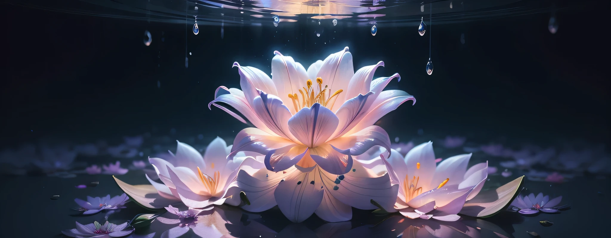 ((lily flowers)), super transparent, Holy Light, beautiful spectral light, petals glow, flashes, Dark background, drops of transparent light, reflective light, Bright, light streaming in, optics, Sharp Focus, Magical, Convoluted, A hyper-realistic, Fantasy composition, light, Trending in art stations, pearls, patronus cloud of silvery vapor, corrosive enveloping ray family, 8K, ureal ar 23v4 uplight