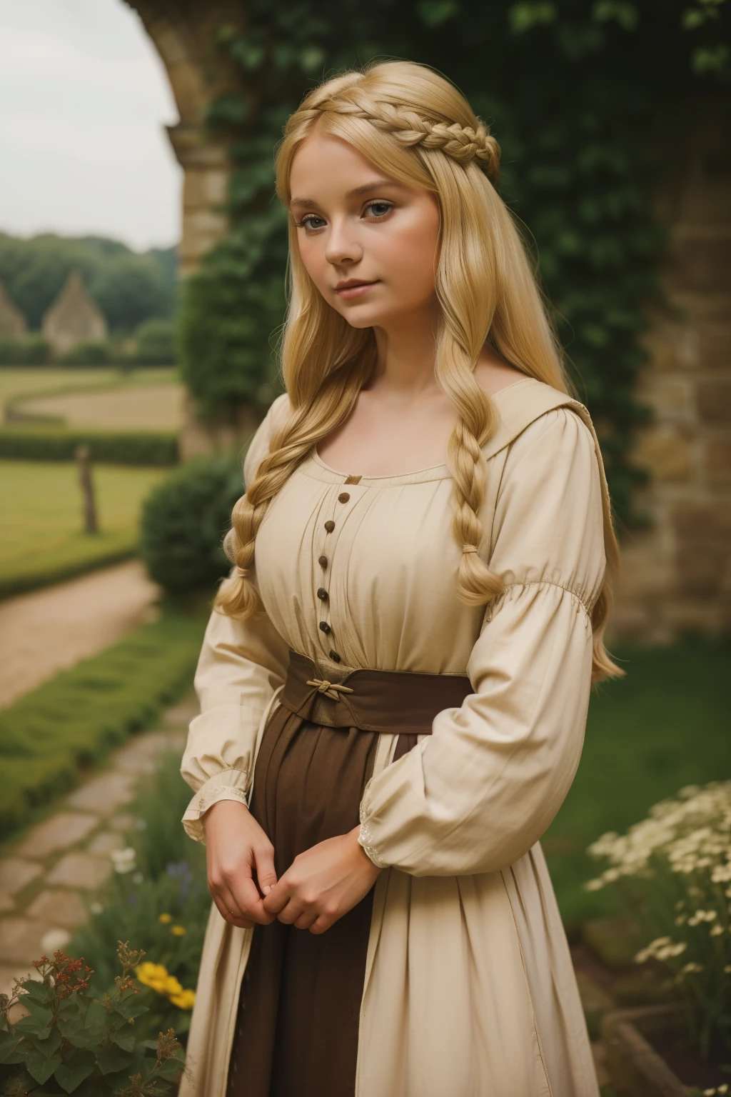 England, 1327. ((((19-year-old)) Gwenda)), strong, rustic, in the gardens. ((((clothings from the 1300s)))), ((blonde hairstyle of the 1300s))