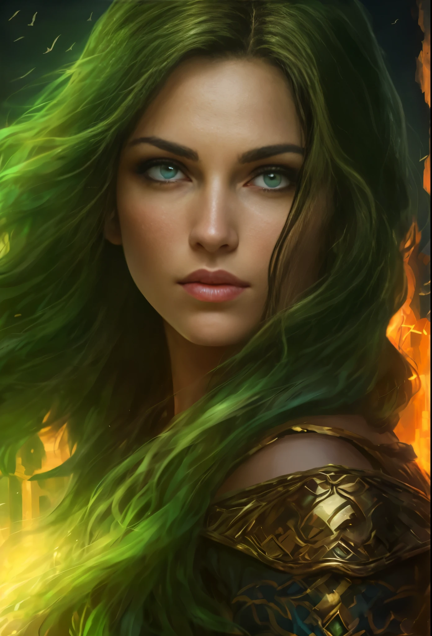 High resolution, brunette girl, 28 years old, bright blue eyes, pattern of stones on her face along the forehead to the temples, Brunette, temples slightly shaved, long black hair pulled back in a ponytail, temples slightly shaved, dressed in a silk shirt and loose trousers, bright blue eyes, portrait, the sea in the background, seagulls, realism, fantasy