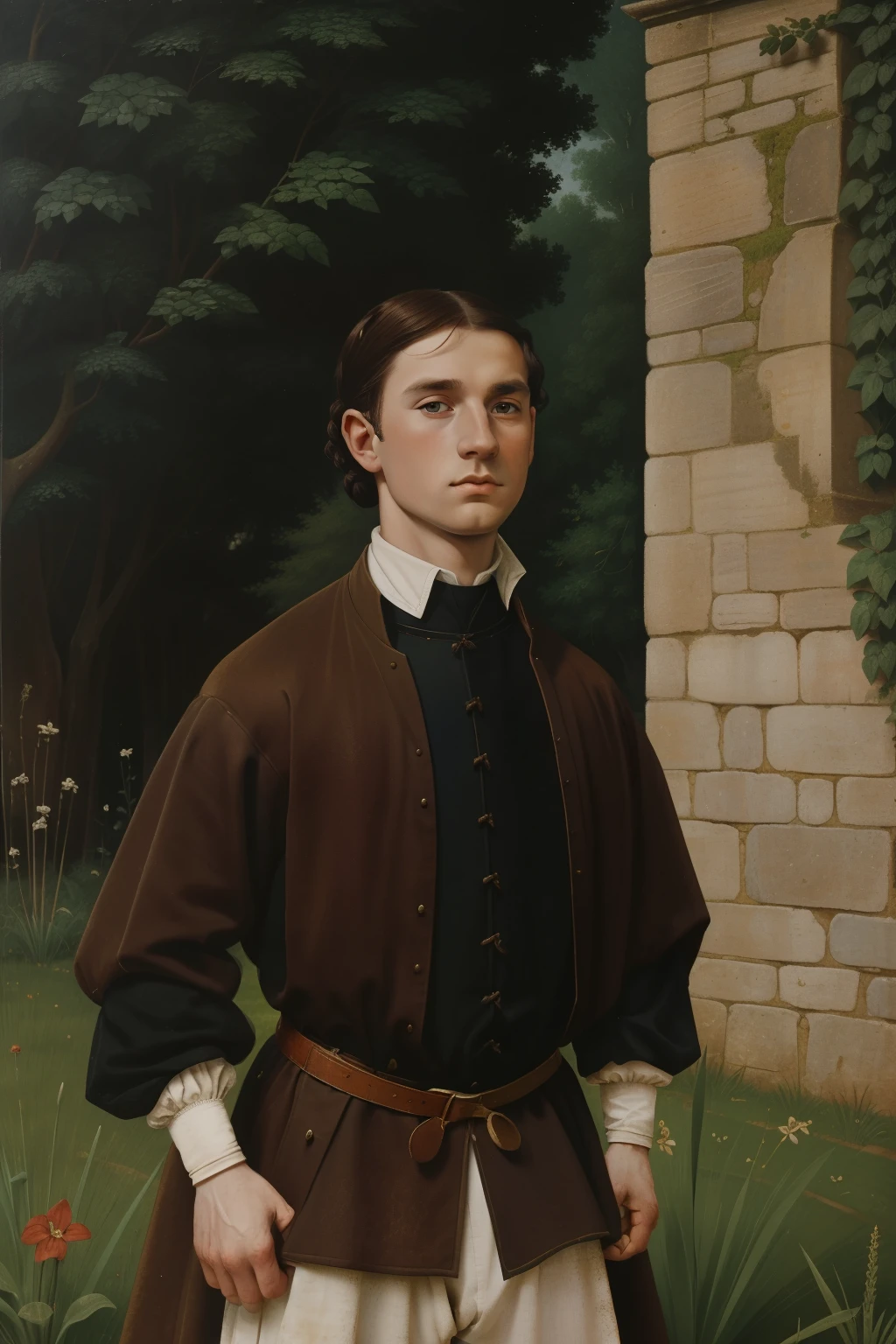 England, 1327. ((((19-year-old)) Ralph Fitzgerald)), intense eyes, ambitious, athletic, in the gardens. ((((clothings from the 1300s)))), ((dark hairstyle of the 1300s))