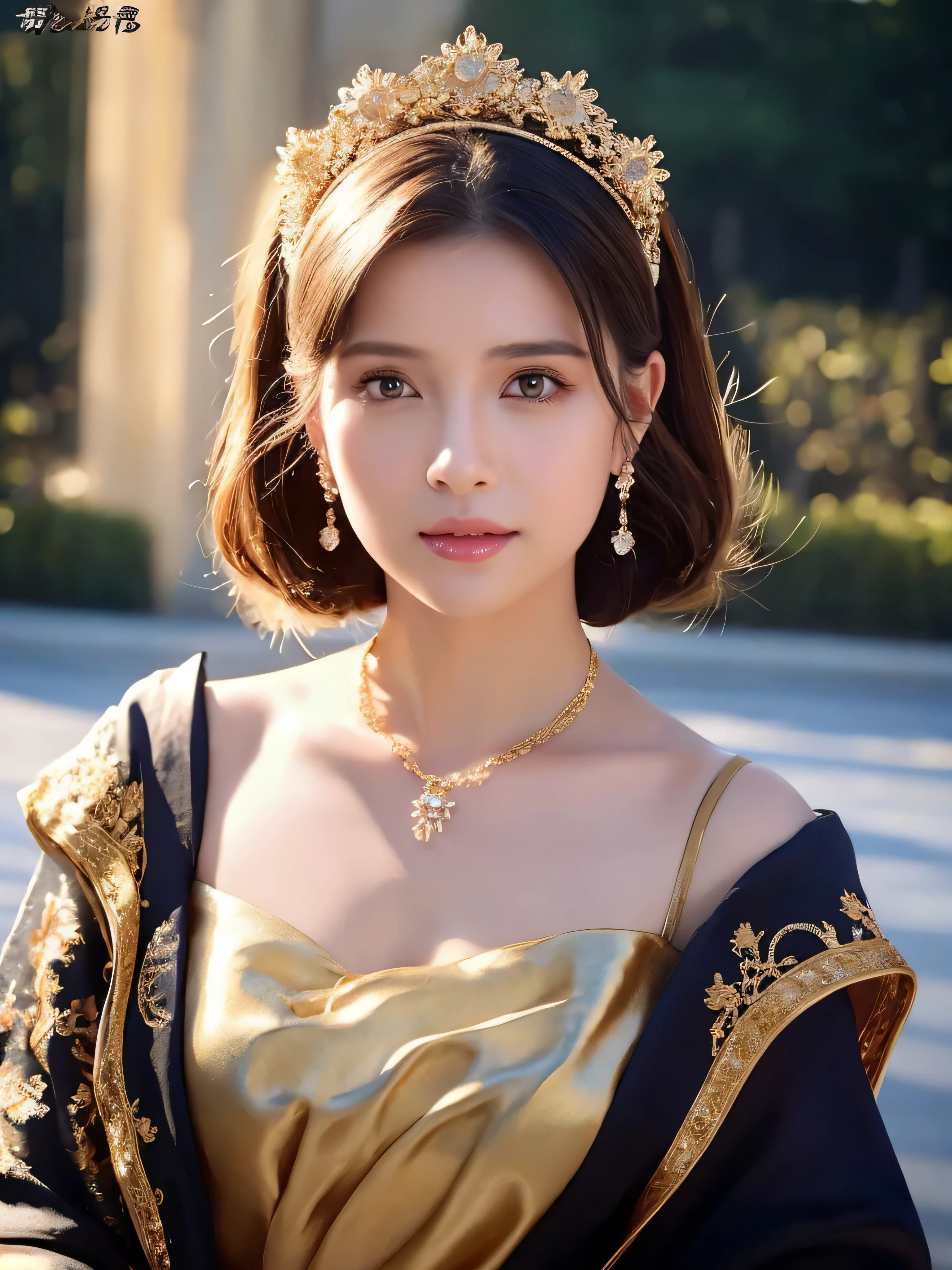 castle in the distance、face is in front、look at the camera、profile、8K、real photos、ultra high resolution, master parts, highest quality, ticker , cinematic images,nice girl、Ann、16 only、Annグロサクソン、double eyelid、droopy eyes、very big eyes、eyes are purple、dark eye shadow、lips are very thin、The tip of your nose grows beautifully.......................................................、small nose,,,,, very detailed , silver hair、straight short hair、smile、 sweet expression 、）、very clear shadows , jewelry , fine eyes, Very difficult, shiny skin , パーフェクトブリリAnnト, perfect sentence, dramatic shadow、white tiara on head、gold necklace around neck、White aristocratic dress with gold embroidery、glass high heels、angel white victory