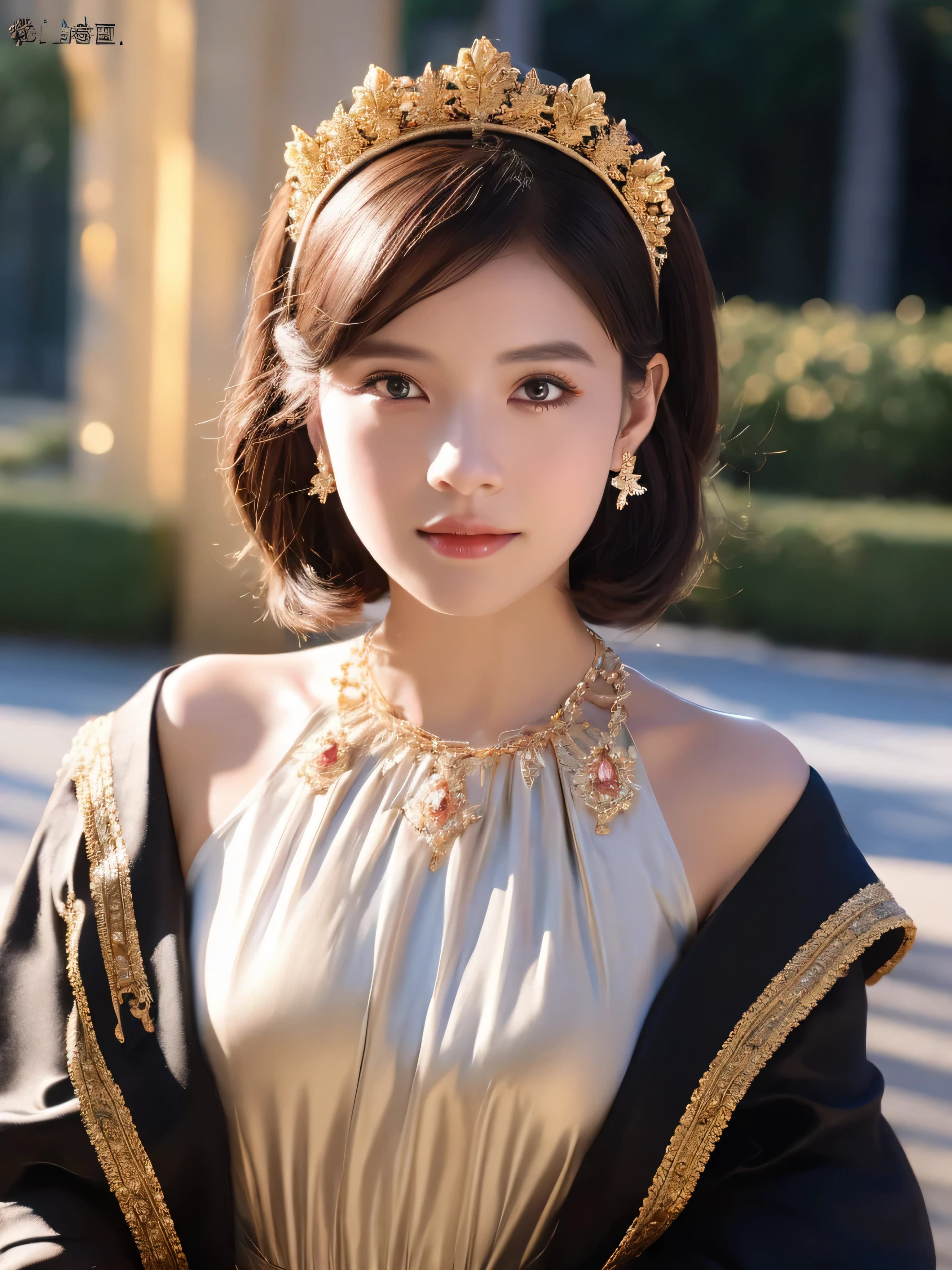 castle in the distance、face is in front、look at the camera、profile、8K、real photos、ultra high resolution, master parts, highest quality, ticker , cinematic images,nice girl、Ann、16 only、Annグロサクソン、double eyelid、droopy eyes、very big eyes、eyes are purple、dark eye shadow、lips are very thin、The tip of your nose grows beautifully.......................................................、small nose,,,,, very detailed , silver hair、straight short hair、smile、 sweet expression 、)、very clear shadows , jewelry , fine eyes, Very difficult, shiny skin , パーフェクトブリリAnnト, perfect sentence, dramatic shadow、white tiara on head、gold necklace around neck、White aristocratic dress with gold embroidery、glass high heels、angel white victory