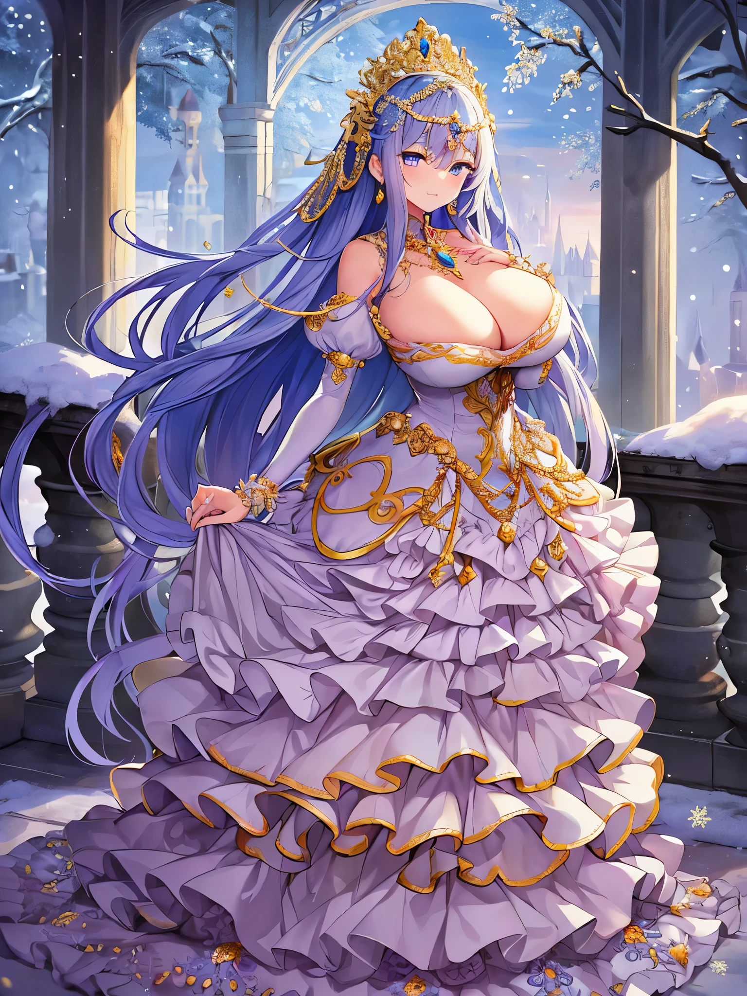 anime artstyle,Masterpiece,Best Quality,Super Detail,((Very Delicate and Beautiful)),(((1 plump princess in beautiful embroidery and jeweled gorgeous rococo ballgown with voluminous hoop skirt))),crinoline skirt,((Solo)),((winter garden with snow,sonw,sky)),((outdoor)),((full body)),(((gigantic breasts,gigantic breasts,cleavage,sagging breasts)))skindentation,(detailed face and eyes),jewel-like eyes,((extremely voluminous straight Hair,Extremely Long Straight Hair)),((gorgeousfull embroidery and lace,beautiful embroidery and jeweled)),Gorgeous Gemstone Jewelry,gorgeous corsage,((gorgeous hair ornament,glitter jeweled gorgeous big tiara)),((full body)),((beautiful embroidery and jeweled gorgeous rococo ballgown with voluminous hoop skirt)),crinoline skirt,(crinoline),((winter garden with snow,sonw,snowflake,outdoor,sky)),Looking at viewer,dynamic angle,(((beautiful embroidery and jeweled gorgeous rococo ballgown with voluminous hoop skirt))),crinoline skirt,full body,
