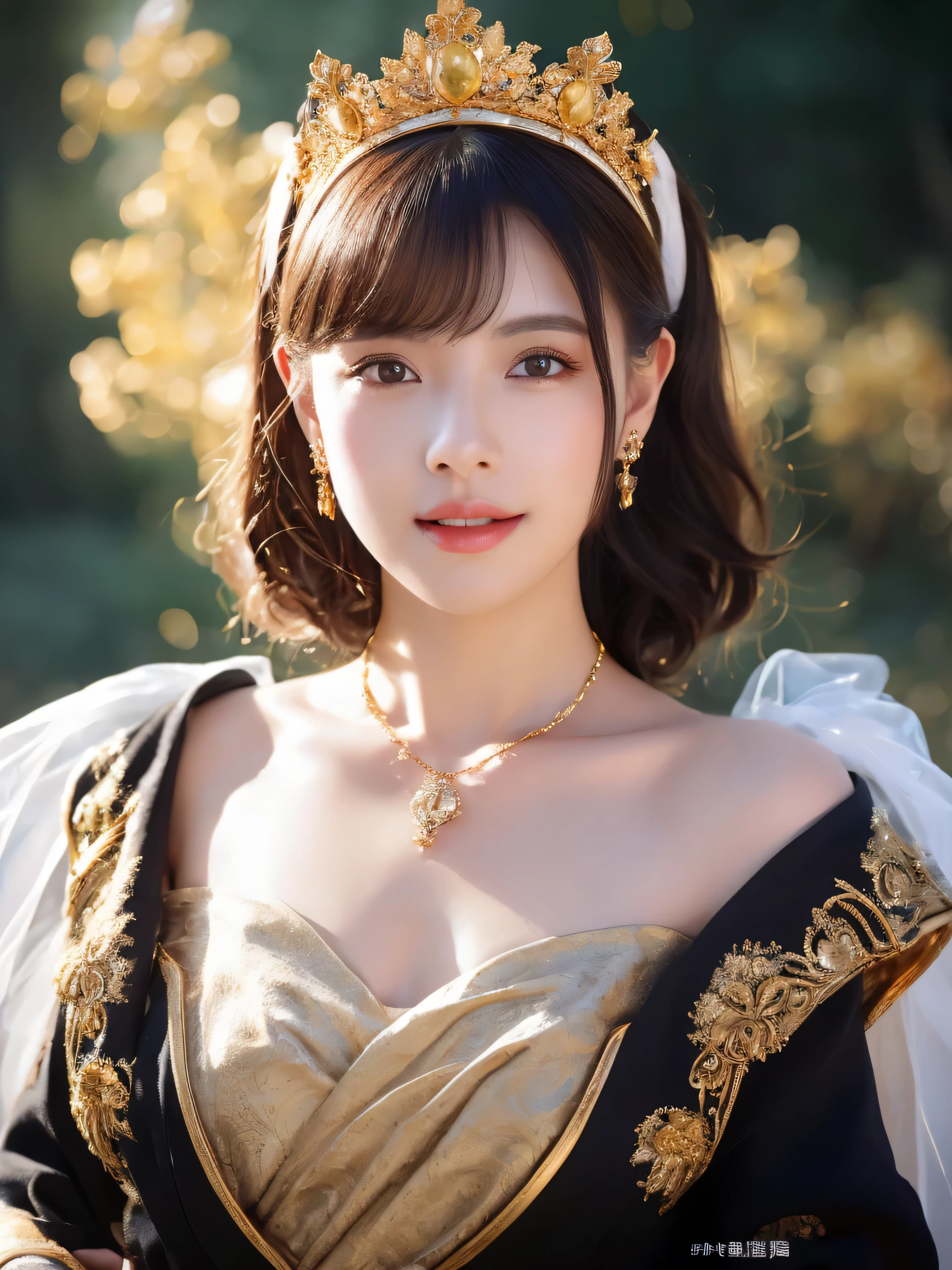 castle in the distance、face is in front、look at the camera、profile、8K、real photos、ultra high resolution, master parts, highest quality, ticker , cinematic images,nice girl、Ann、 only、Annグロサクソン、double eyelid、droopy eyes、very big eyes、eyes are purple、dark eye shadow、lips are very thin、The tip of your nose grows beautifully.......................................................、small nose,,,,, very detailed , silver hair、straight short hair、smile、 sweet expression 、）、very clear shadows , jewelry , fine eyes, Very difficult, shiny skin , パーフェクトブリリAnnト, perfect sentence, dramatic shadow、white tiara on head、gold necklace around neck、White aristocratic dress with gold embroidery、glass high heels、angel white victory