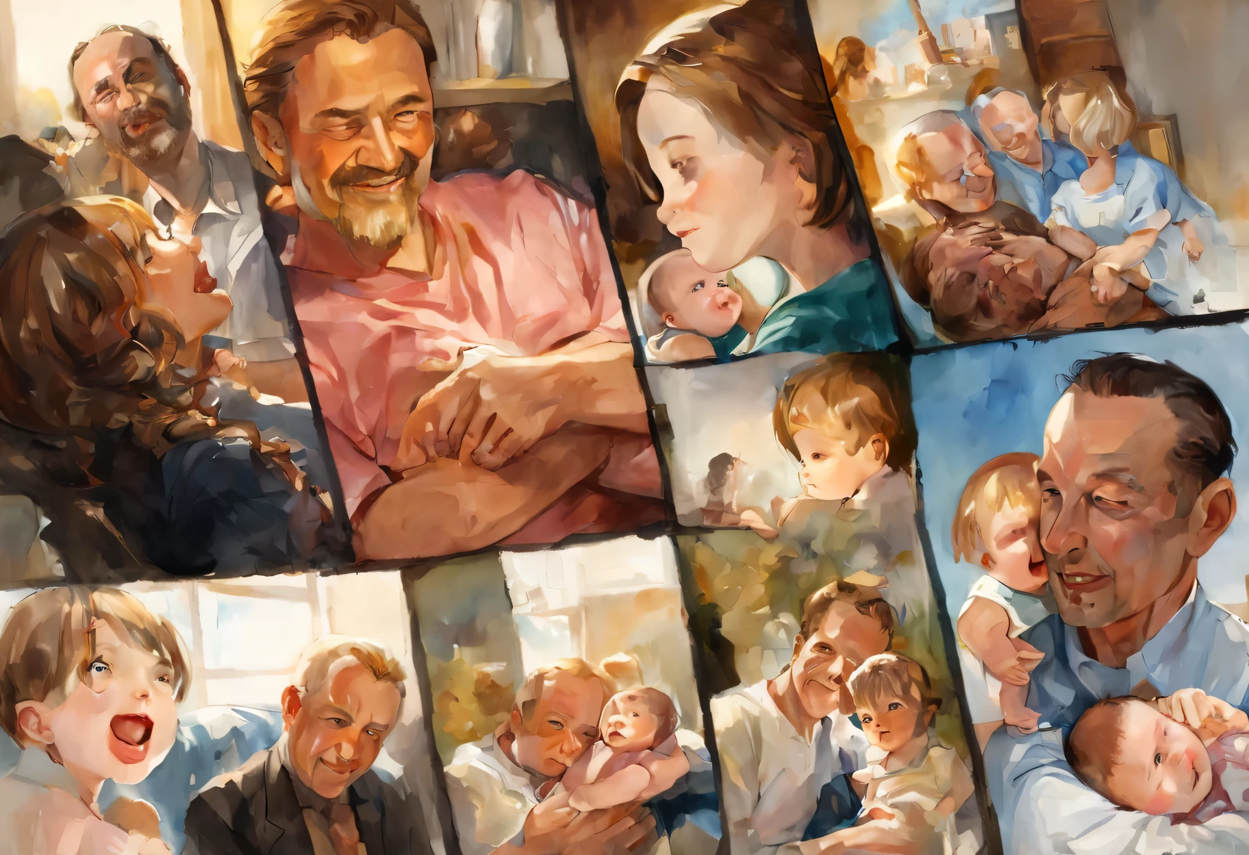 hannah hech,title: Photomontage, collage, Mixed Media, portrait of a family of two:1.33 Canon RF28-70mm F/2.0 LUSM, golden hour, Awards, (Masterpiece photo realistic official art:1.21) (sharp sketch watercolor:1.46 pale tone:1.33), break, (1 Dad with short chestnut hair and smart face:1.46) (father holds a  in his arms:1.33) ,(1茶色の髪のかわいいbaby:1.33) and (1 Mother with a sharp face:1.21, jet black braided hair:1.21) (smile,happiness,open your mouth:1.33)  born,It's a Girl (It's a girl。(baby) A smilmother holding her baby and a father cuddling in a magnificent hospital room. (Shining super detailed moist green eyes Gradient eyes Finely detailed beautiful eyes Symmetrical eyes Big highlights on the eyes Detailed thoughtful eyes) (the mother watches with compassionate smile:1.21) (Indoor amazing maternity hospital:1.21)