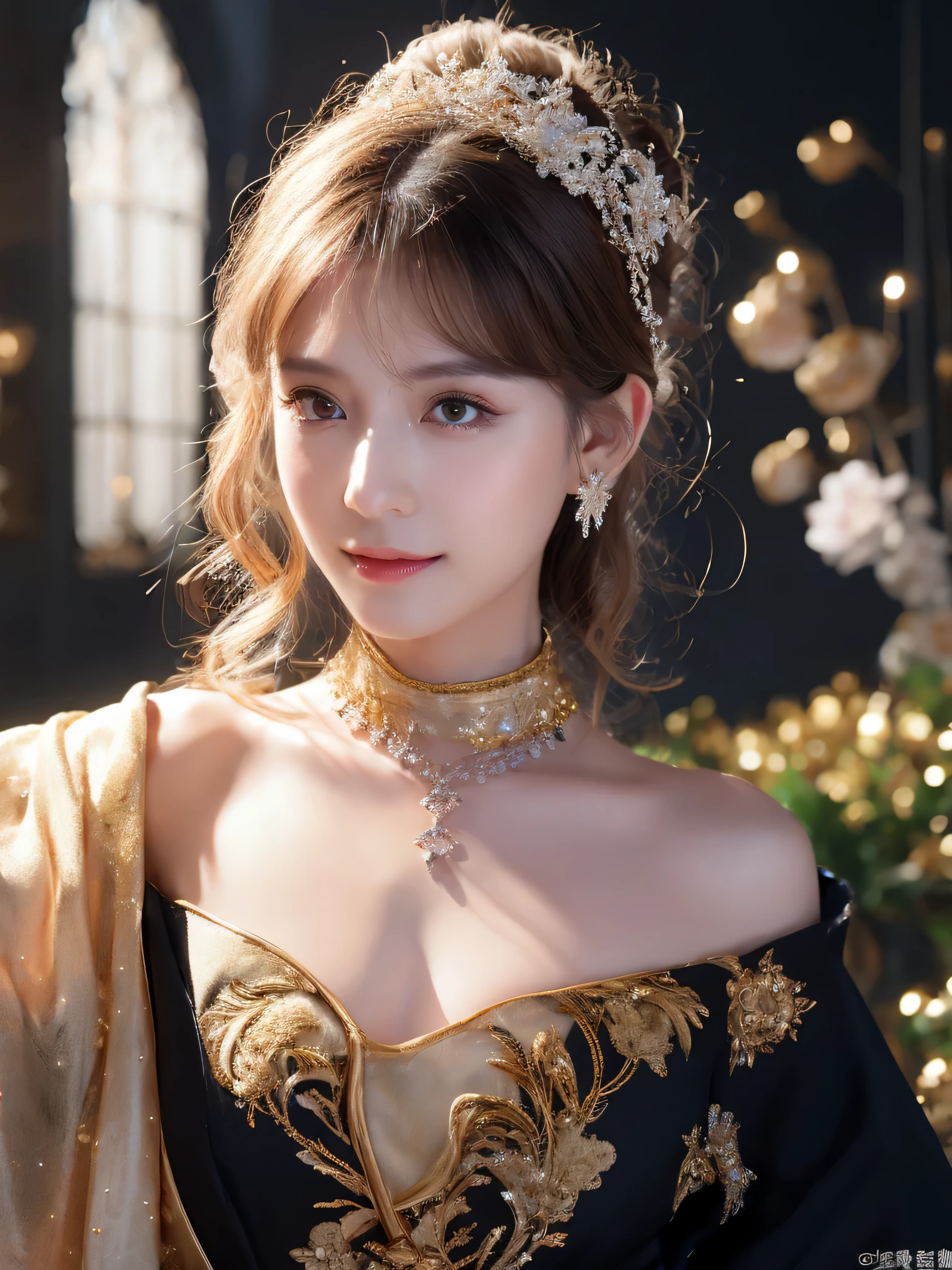castle in the distance、face is in front、look at the camera、profile、8K、real photos、ultra high resolution, master parts, highest quality, ticker , cinematic images,nice girl、Ann、16 only、Annグロサクソン、double eyelid、droopy eyes、very big eyes、eyes are purple、dark eye shadow、lips are very thin、The tip of your nose grows beautifully.......................................................、small nose,,,,, very detailed , silver hair、straight short hair、smile、 sweet expression 、)、very clear shadows , jewelry , fine eyes, Very difficult, shiny skin , パーフェクトブリリAnnト, perfect sentence, dramatic shadow、white tiara on head、gold necklace around neck、White aristocratic dress with gold embroidery、glass high heels、angel white victory