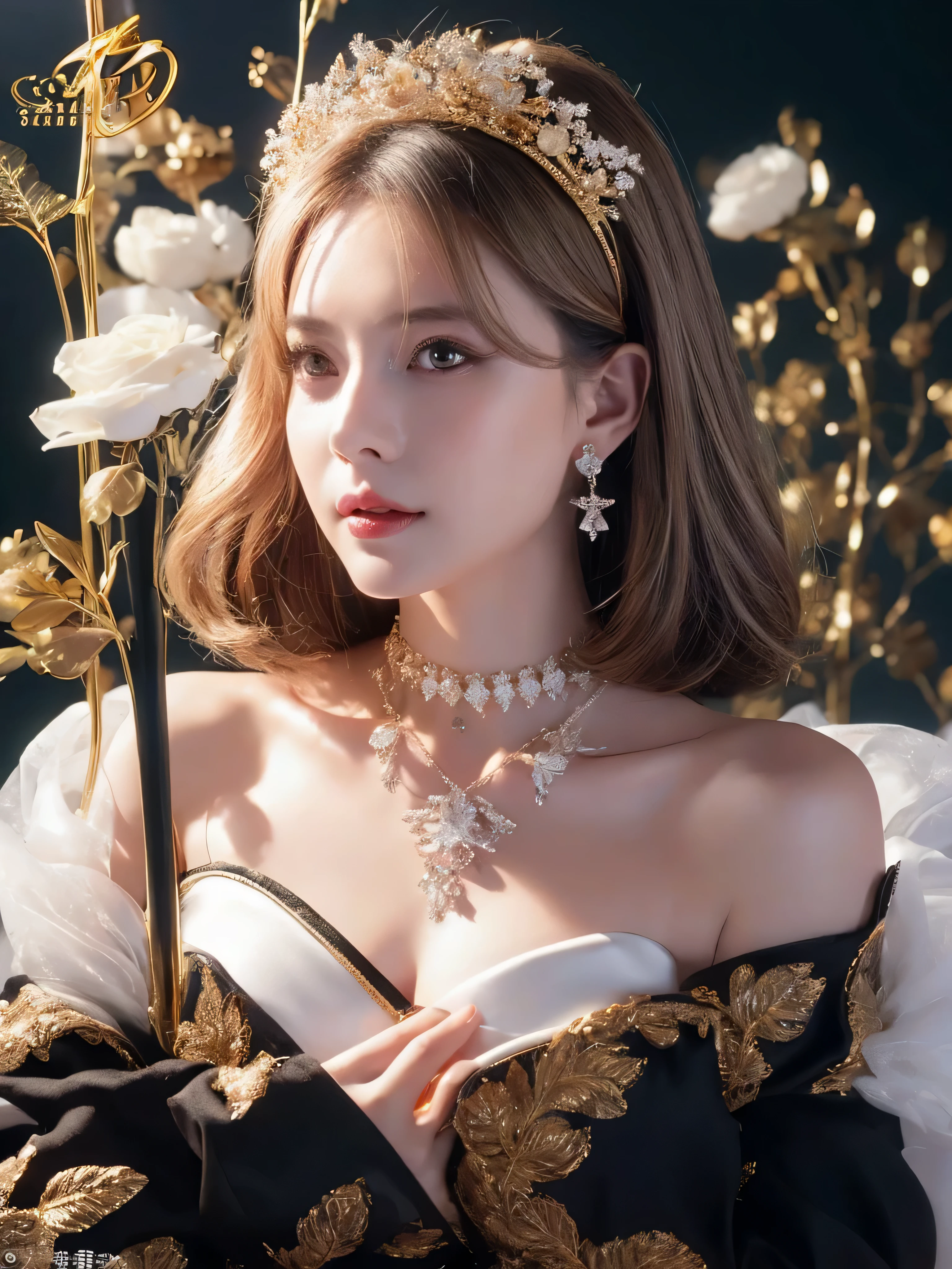 castle in the distance、face is in front、look at the camera、profile、8K、real photos、ultra high resolution, master parts, highest quality, ticker , cinematic images,nice girl、Ann、16 only、Annグロサクソン、double eyelid、droopy eyes、very big eyes、eyes are purple、dark eye shadow、lips are very thin、The tip of your nose grows beautifully.......................................................、small nose,,,,, very detailed , silver hair、straight short hair、smile、 sweet expression 、)、very clear shadows , jewelry , fine eyes, Very difficult, shiny skin , パーフェクトブリリAnnト, perfect sentence, dramatic shadow、white tiara on head、gold necklace around neck、White aristocratic dress with gold embroidery、glass high heels、angel white victory