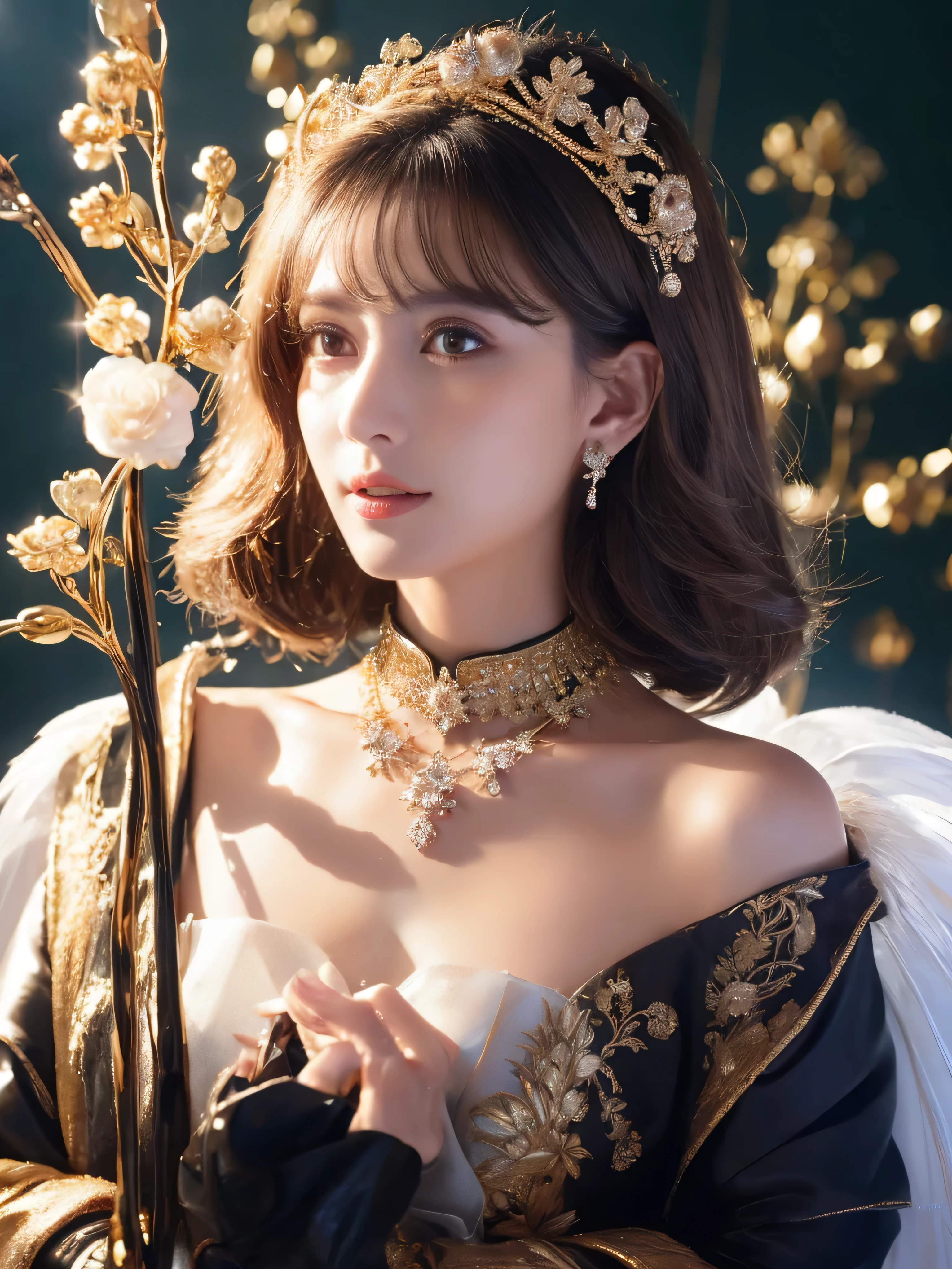 castle in the distance、face is in front、look at the camera、profile、8K、real photos、ultra high resolution, master parts, highest quality, ticker , cinematic images,nice girl、Ann、16 only、Annグロサクソン、double eyelid、droopy eyes、very big eyes、eyes are purple、dark eye shadow、lips are very thin、The tip of your nose grows beautifully.......................................................、small nose,,,,, very detailed , silver hair、straight short hair、smile、 sweet expression 、)、very clear shadows , jewelry , fine eyes, Very difficult, shiny skin , パーフェクトブリリAnnト, perfect sentence, dramatic shadow、white tiara on head、gold necklace around neck、White aristocratic dress with gold embroidery、glass high heels、angel white victory