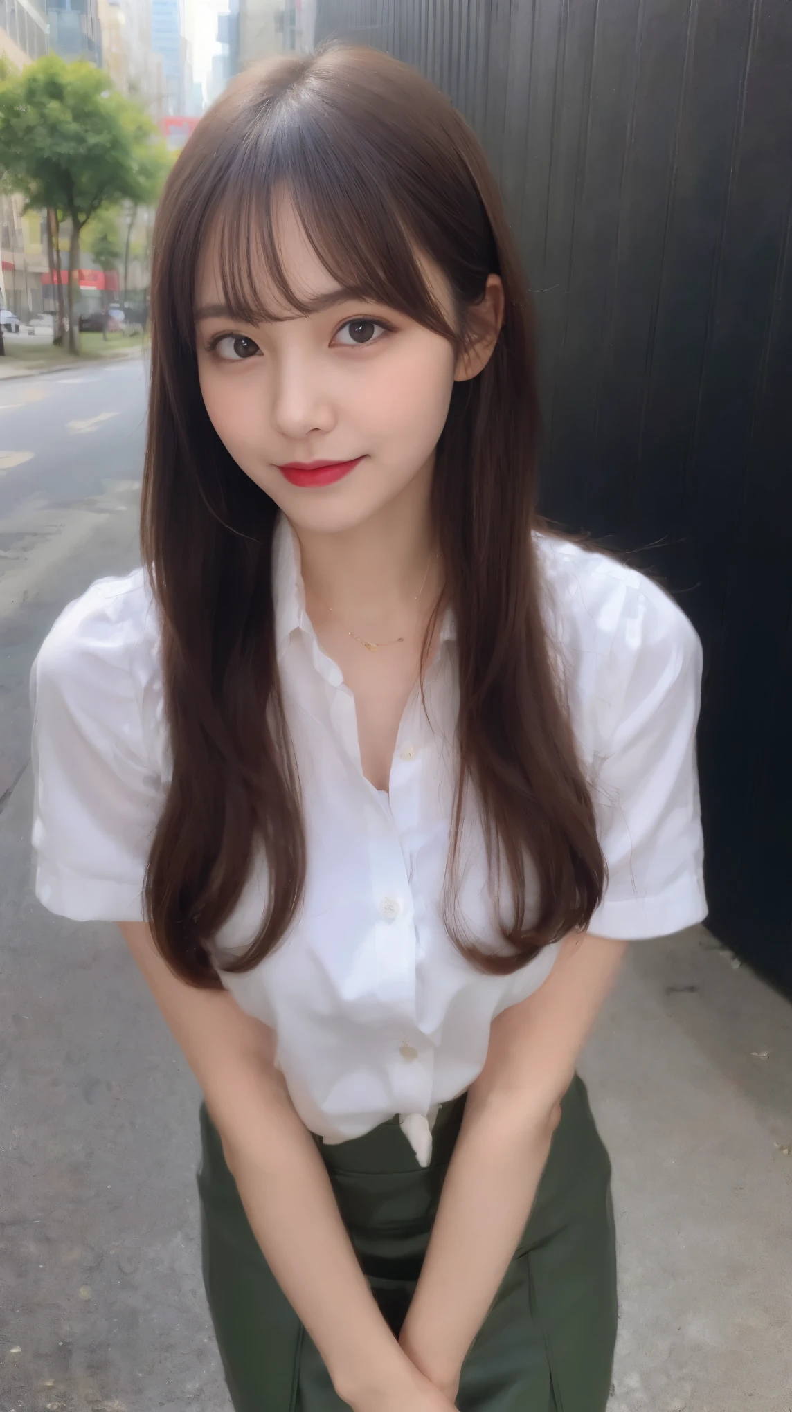 table top, highest quality, figure, super detailed, finely, High resolution, 8k wallpaper, 完璧なダイナミックな構figure, beautiful and fine eyes, medium hair,Great breasts under the shirt:2.0、natural color lip, bold sexy pose,smile,20 year old girl、cute、sexy shot looking at camera、Button shirt with wet collar、pencil skirt、from the knees upから撮影、tie、I could see the whole body、Foliage plant、black wall、((Being in the company、big breasts))、from the knees up