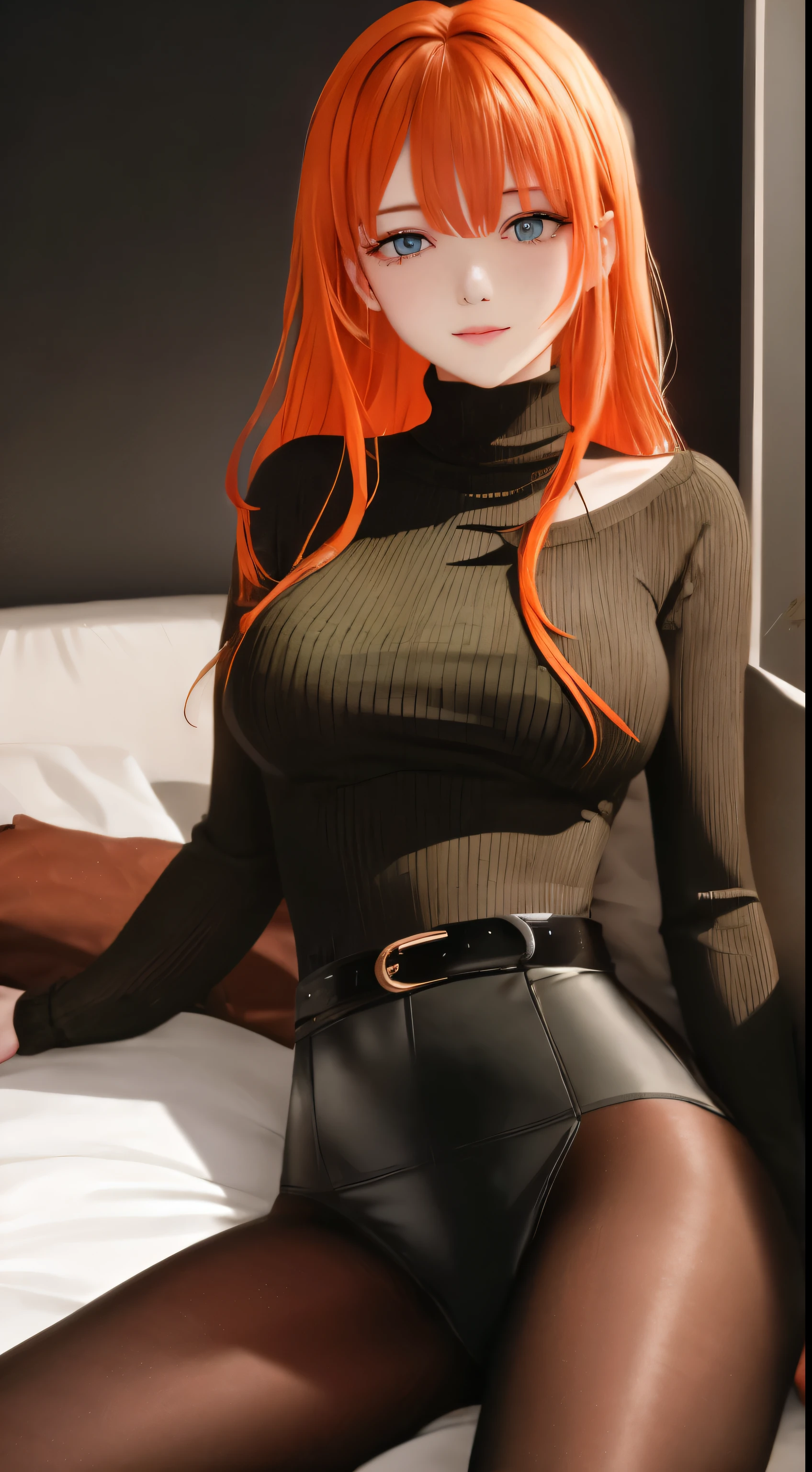 mother, masterpiece, Best quality, ultra detailed, beautiful lighting, 1 girl, orange hair, green eyes, freckles, turtleneck top, Looking at the viewer, detailed black stockings with belt, Juicy ass
