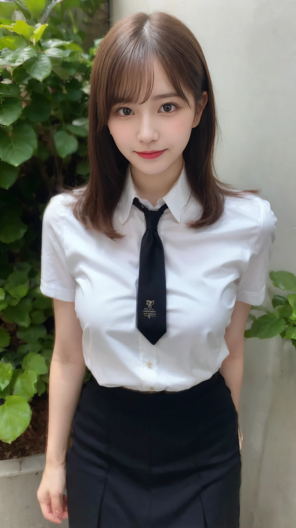 table top, highest quality, figure, super detailed, finely, High resolution, 8k wallpaper, 完璧なダイナミックな構figure, beautiful and fine eyes, medium hair,Great breasts under the shirt:2.0、natural color lip, bold sexy pose,smile,20 year old girl、cute、sexy shot looking at camera、Button shirt with wet collar、pencil skirt、from the knees upから撮影、tie、I could see the whole body、Foliage plant、black wall、((Being in the company、big breasts))、from the knees up