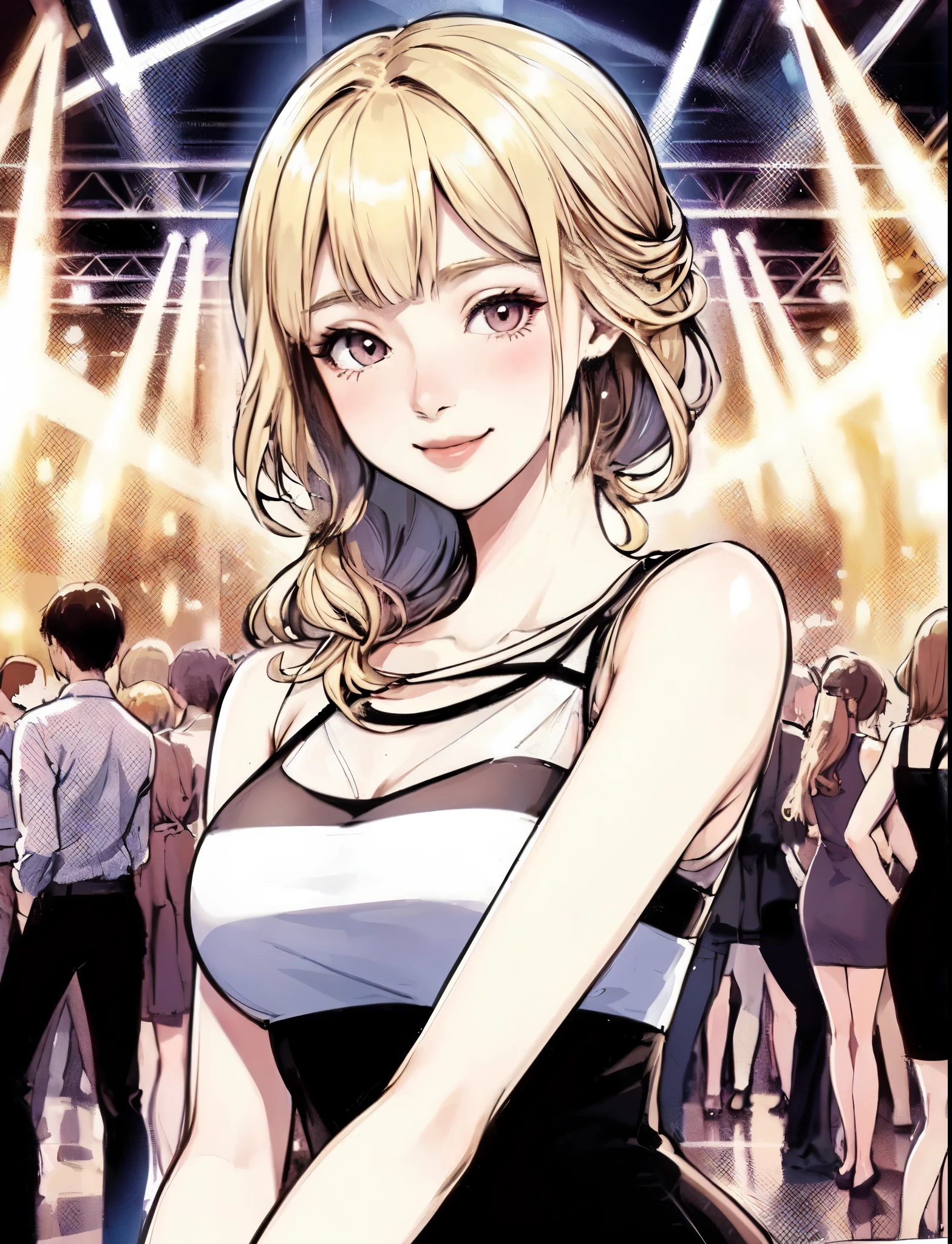 1lady standing, (stylish and chic outfit) comfortable, mature female, /(blond hair/) bangs, blush kind smile, (masterpiece best quality:1.2) delicate illustration ultra-detailed, large breasts BREAK (club dance hall:1.2) indoors, young people, crowded