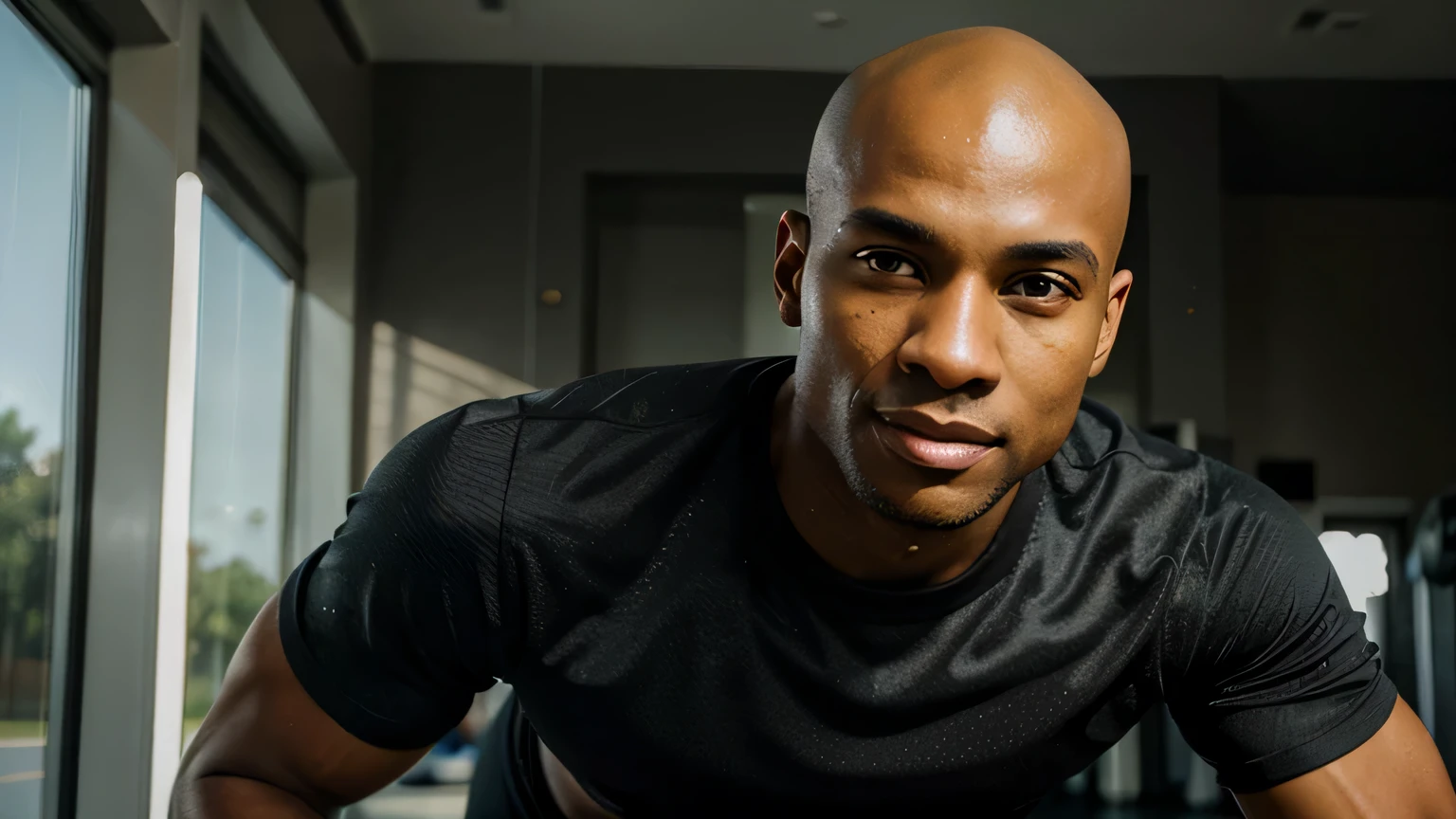 (best quality,ultra-detailed,photorealistic, non-blurry) athletic bold black man with no hair, jogging, pleasant expression, detailed face, training at the gym