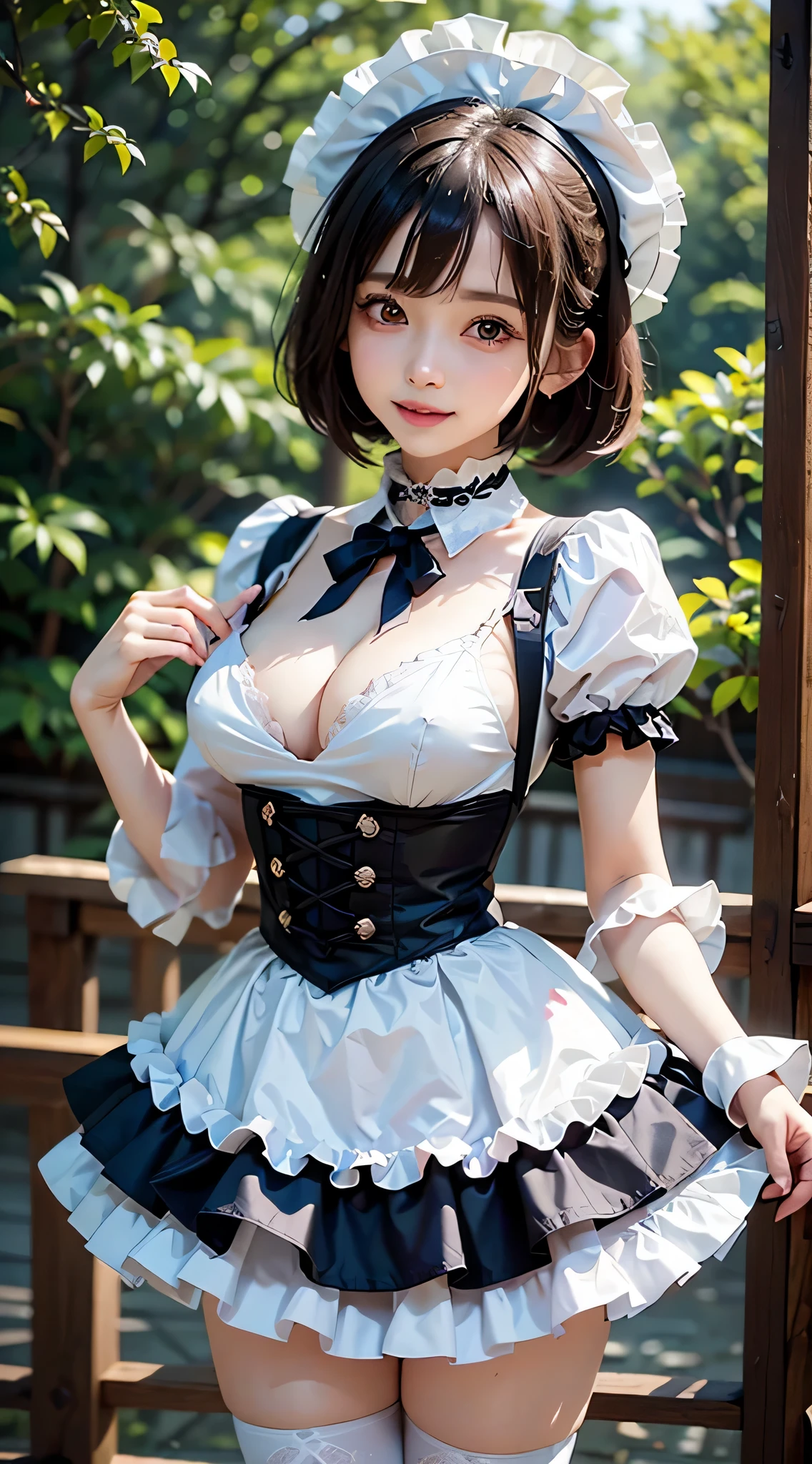 (Close-up:1.4)、(RAW shooting:1.2)、(photorealistic:1.4)、(masterpiece:1.3)、(highest quality:1.4)、solo、7 head and body、(slender and beautiful girl)、cute、(beautiful detailed eyes)、(charming big eyes)、(beautiful double eyelids)、(beautiful and detailed face)、(smile full of joy:1.3)、(Medium chest:1.2)、(cleavage)、(erect nipples:1.2)、(full body shot)、8K、(muste piece:1.2)、(pale blue hair、short bob:1.3)、(Bangs Patsun)、(headdress、white blouse、black ribbon、White Apron、ruffle skirt、puff sleeves、collar、choker、apron with fine ruffles:1.3)、White Knee High Socks、black maid costume、(Sexy model pose with chest sticking out:1.3)、cowboy shot、view audience、(small butt)、(beautiful hands)、(beautiful thighs)、cute系、(perfect anatomy:1.2)、ancient city、