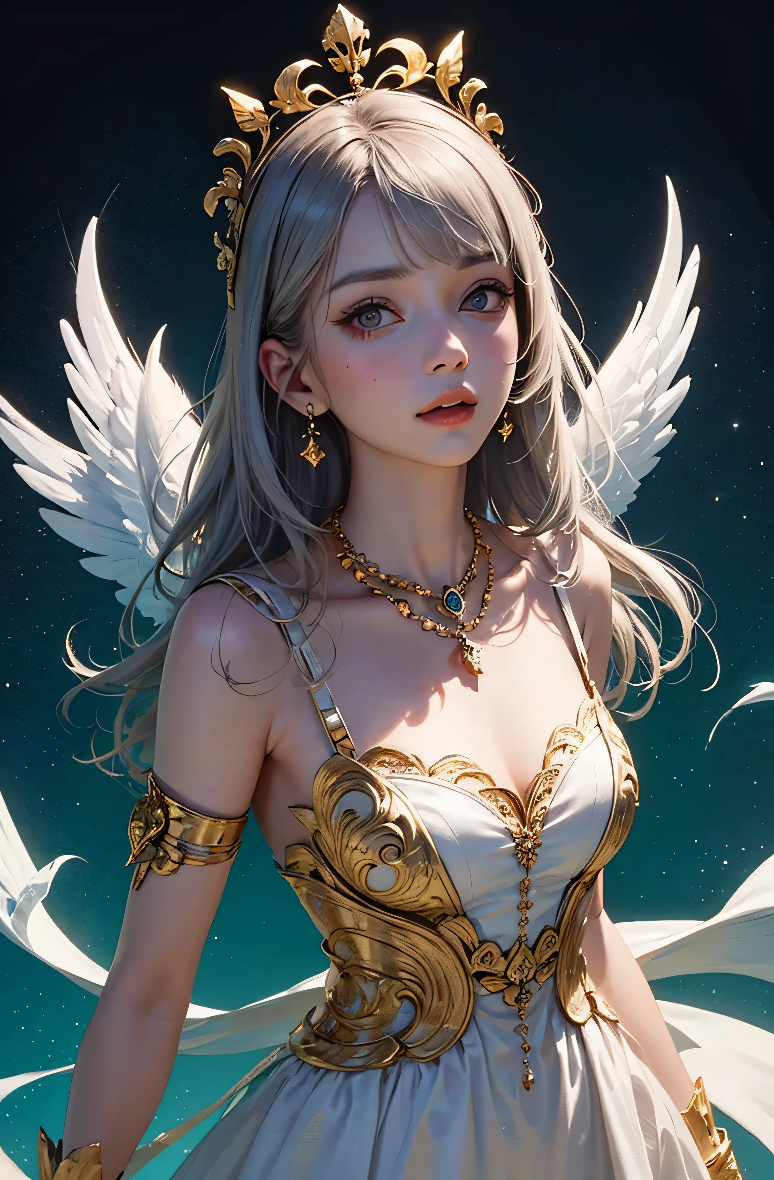 castle in the distance、face is in front、look at the camera、profile、8K、real photos、ultra high resolution, master parts, highest quality, ticker , cinematic images,nice girl、Ann、16 only、Annグロサクソン、double eyelid、droopy eyes、very big eyes、eyes are purple、dark eye shadow、lips are very thin、The tip of your nose grows beautifully.......................................................、small nose,,,,, very detailed , silver hair、straight short hair、smile、 sweet expression 、)、very clear shadows , jewelry , fine eyes, Very difficult, shiny skin , パーフェクトブリリAnnト, perfect sentence, dramatic shadow、white tiara on head、Gold necklace around the neck、White aristocratic dress with gold embroidery、glass high heels、angel wings