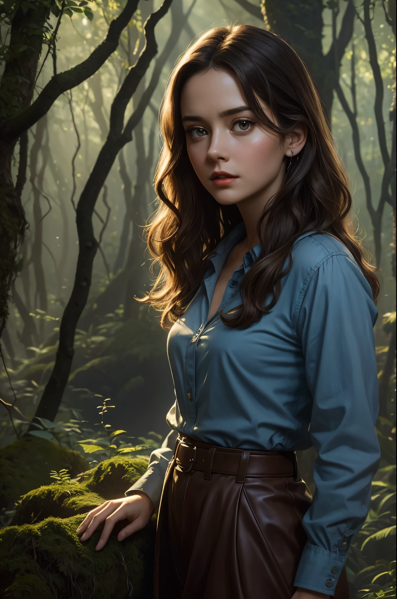 masterpiece, beat quality, ultra realistic portrait of a 21 years old  woman with long wavy hair and a red lip is standing in a forest trees and rocks in the background, a blue shirt, charmed good looking, [mix of beautiful young lynda carter, beautiful young ornella muti, looks like young christina ricci, gorgeous young alison brie, beautiful alison brie, stunning brie larson], stunning art, inspired by Mort Künstler, best quality, best lighting, hyper-maximalism, intricate, insanely detailed, photorealistic, HDR, 8k, final render
