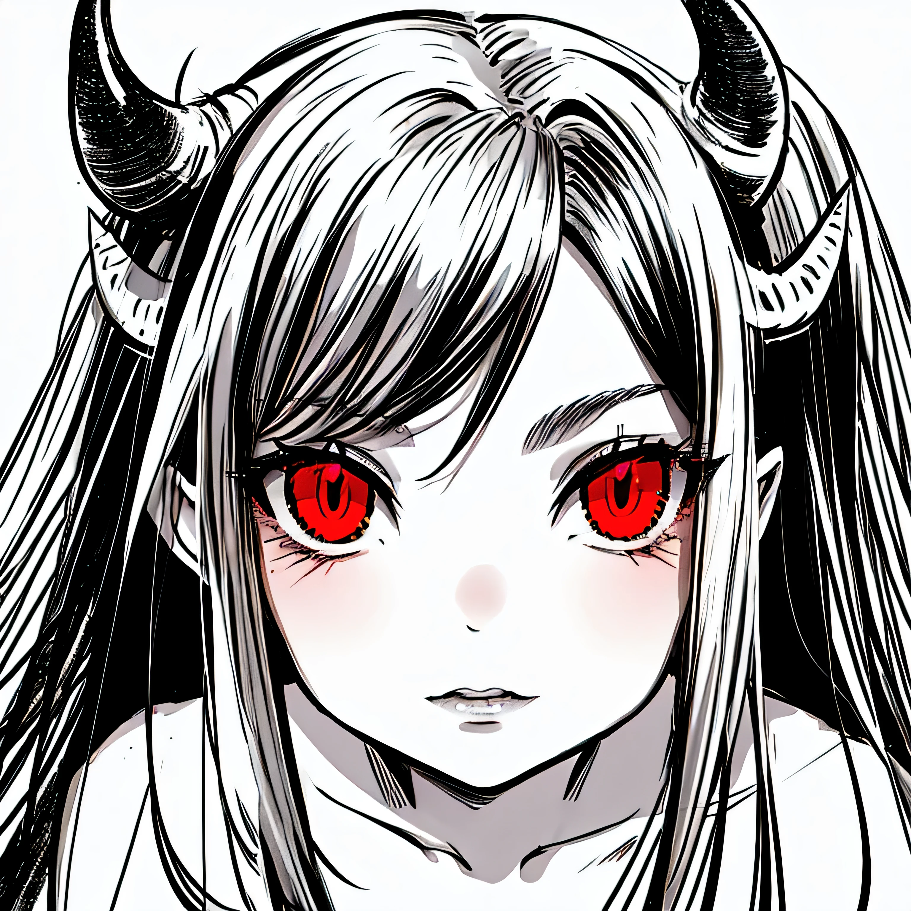 make a portrait of a devil horned girl with red eyes in black and white colors