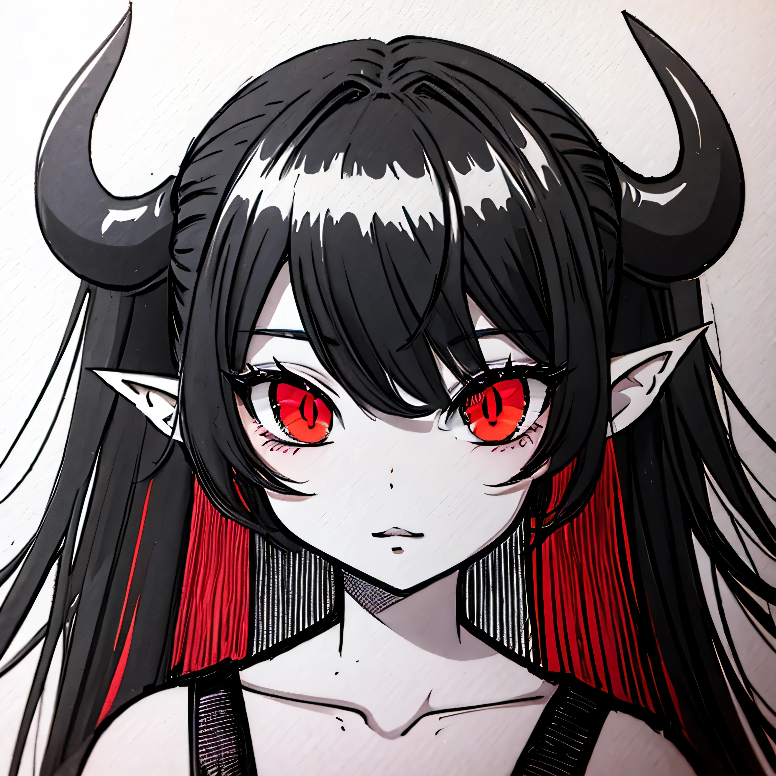 make a portrait of a devil horned girl with red eyes in black and white colors