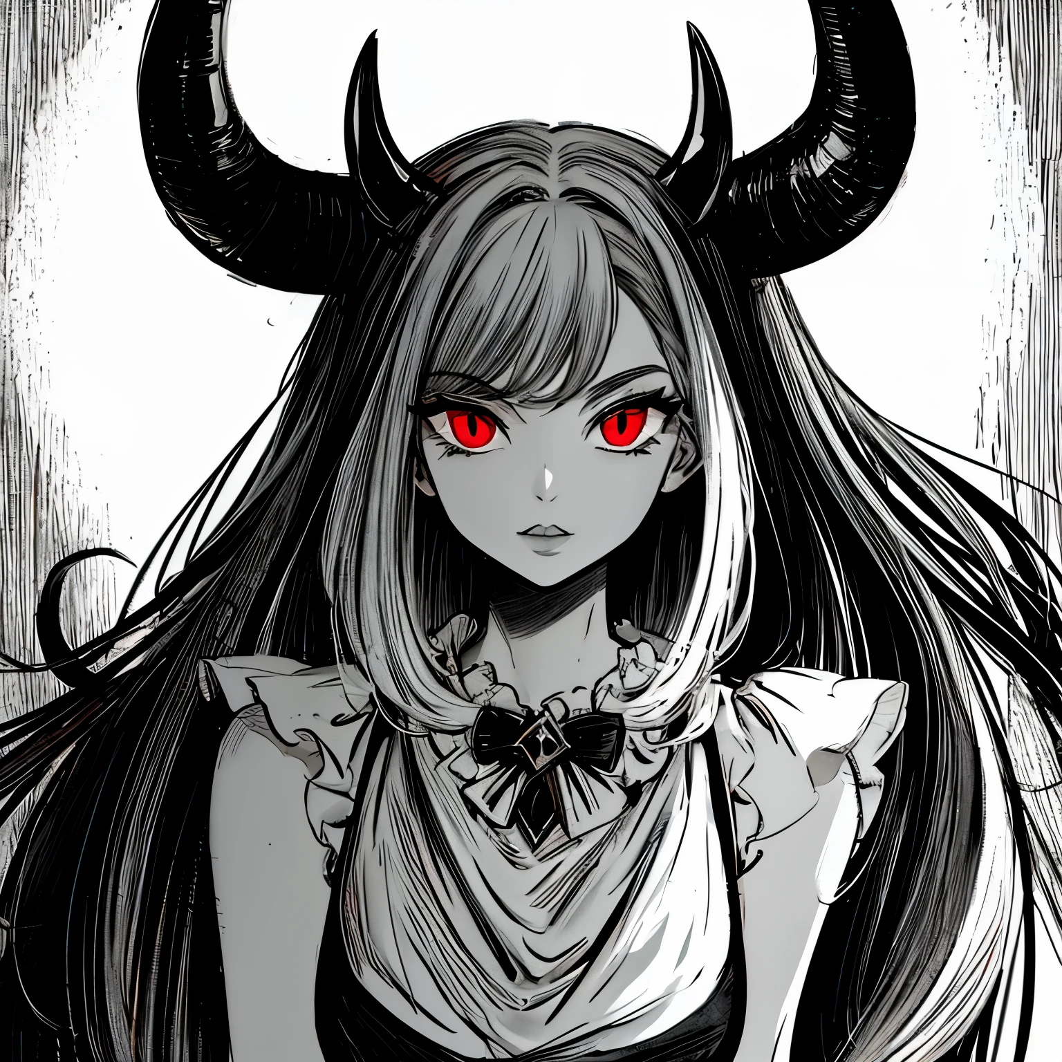 make a portrait of a devil horned girl with red eyes in black and white colors