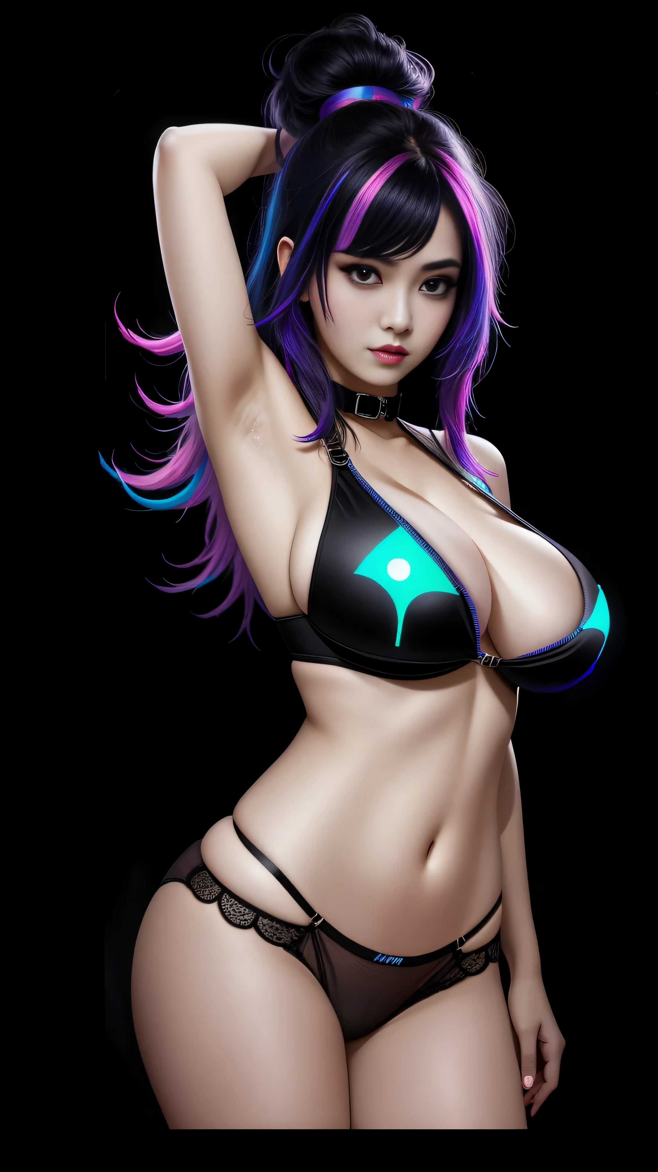 there is a korean beauty standing, royal blue and bright purple neon streaked hair, 3 d neon art of a womans body, neon-noir background, cyberpunk femme fatale, seductive cyberpunk dark fantasy, cyberpunk strip clubs, cyberpunk 20 y. o model girl, oppai cyberpunk, banner, high definition cgsociety, cgsociety masterpiece, trending on cgstation, kda, random hair, looking at camera, ((nice tits:1.4)), ((large eyes:1.4)), cleavage, (high detailed skin:1.2), 8k uhd, dslr, super lighting, high quality, film grain, high res, highly detailed, hyper realistic, beautiful face, beautiful body, beautiful eyes nose lips, alluring expression, very bold, upper  visible, full body photo, standing legs apart, pale translucent glowing skin, most beautiful face, cute, (well defined pubic hair:1.2)), (dark plain black background:1.4))