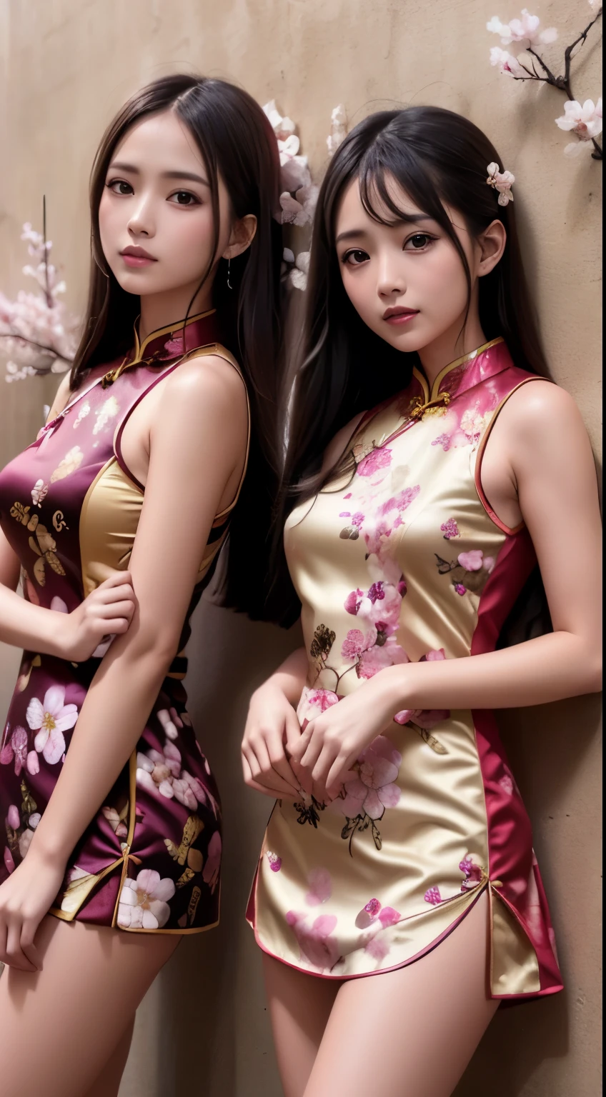 Masterpiece, photorealistic, 2 girls in golden hair and black hair, wearing modern cheongSam floral short lengtth dress red and pink, background of pink cherry blossoms decor on the wall written :Happy Chinese New Year