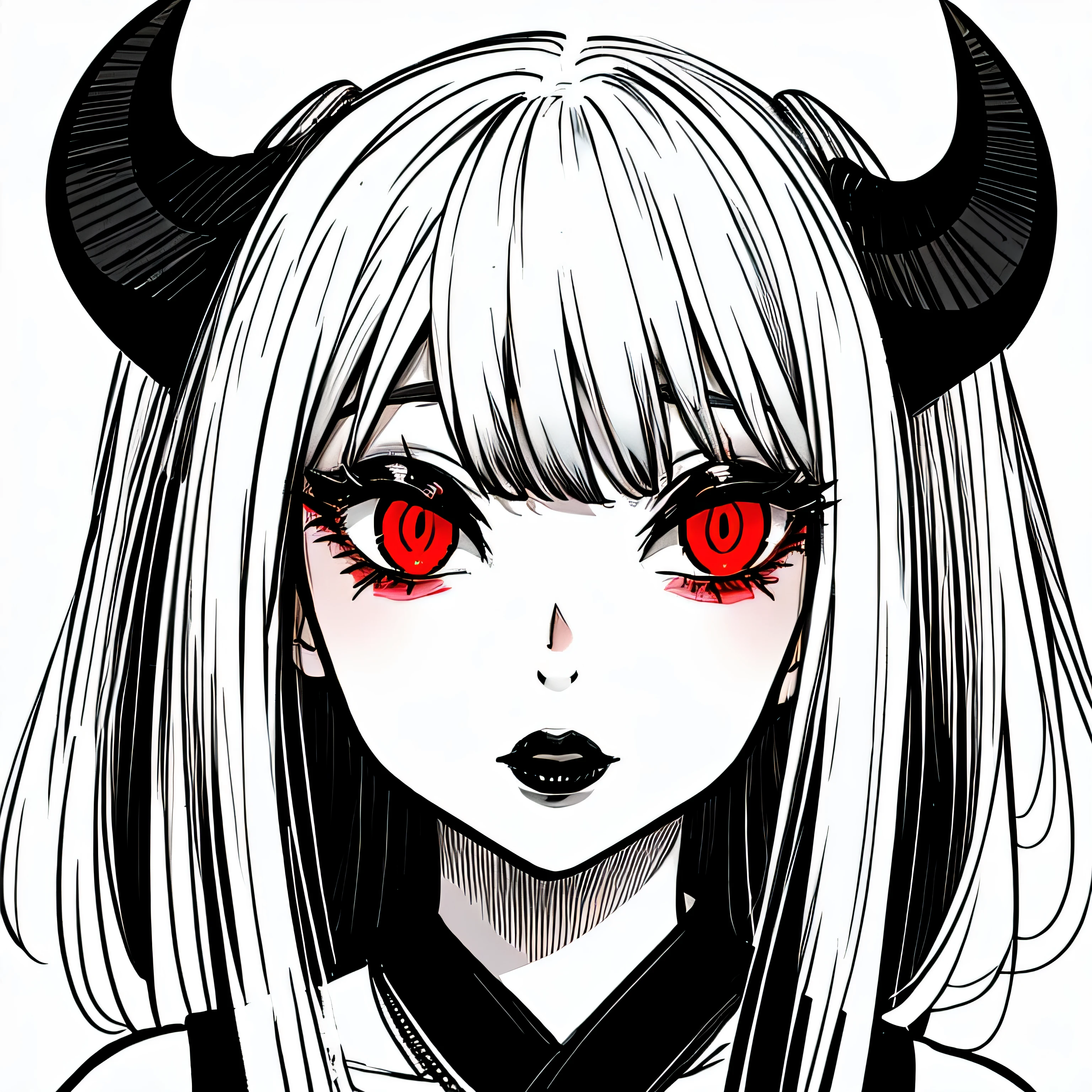 make a horror portrait of a devil horned girl with red eyes in black and white colors