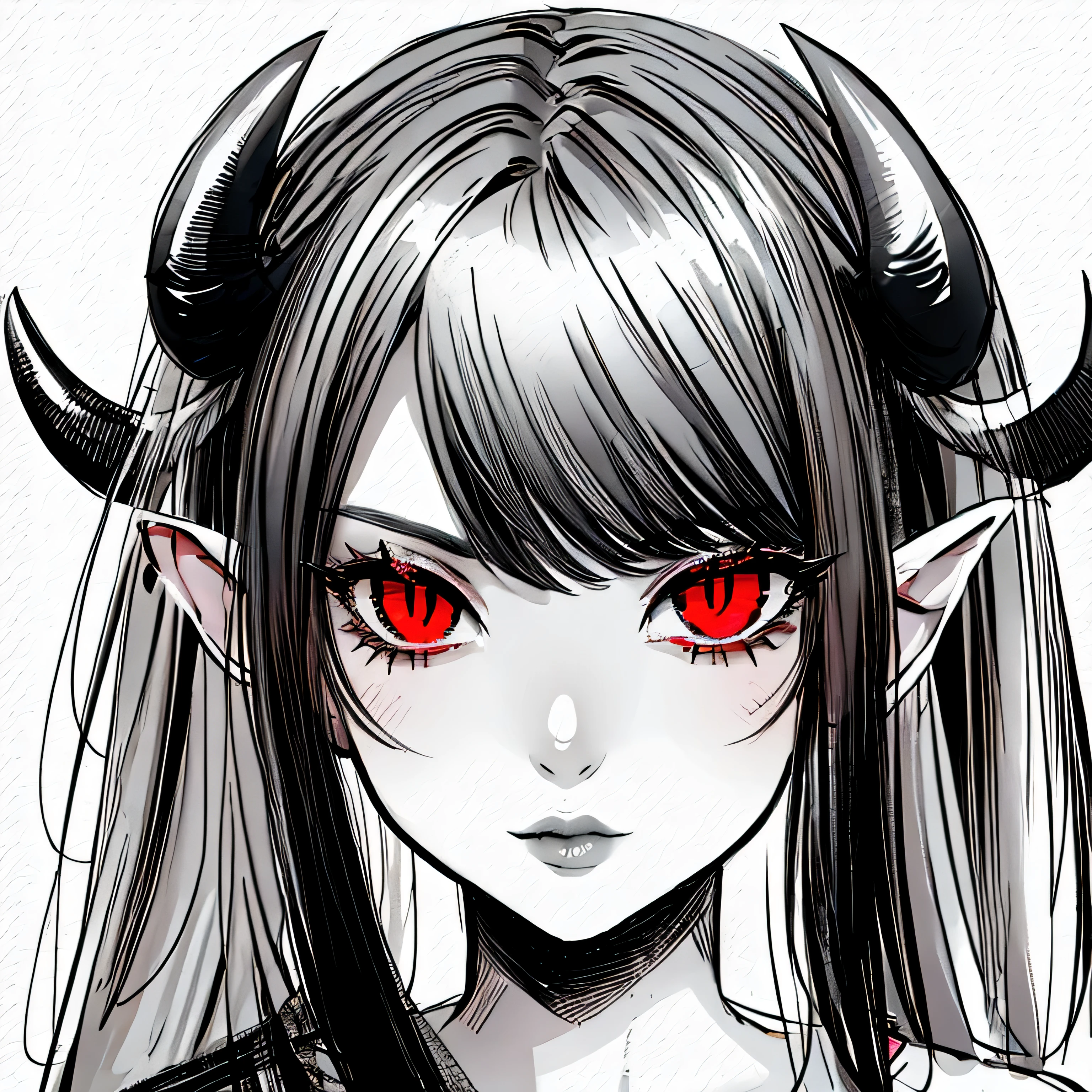 make a horror portrait of a devil horned girl with red eyes in black and white colors