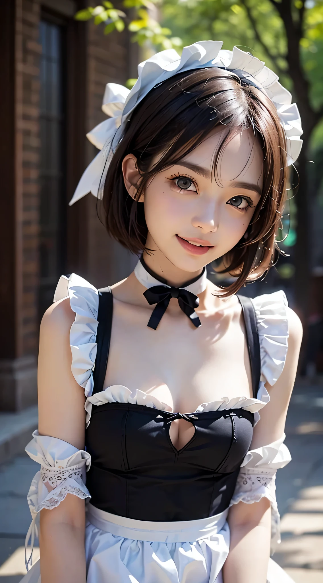 (Close-up:1.4)、(RAW shooting:1.2)、(photorealistic:1.4)、(masterpiece:1.3)、(highest quality:1.4)、solo、7 head and body、(slender and beautiful girl)、cute、(beautiful detailed eyes)、(charming big eyes)、(beautiful double eyelids)、(beautiful and detailed face)、(smile full of joy:1.3)、(Medium chest:1.2)、(cleavage)、(erect nipples:1.2)、(full body shot)、8K、(muste piece:1.2)、(pale blue hair、short bob:1.3)、(Bangs Patsun)、(headdress、white blouse、black ribbon、White Apron、ruffle skirt、puff sleeves、collar、choker、apron with fine ruffles:1.3)、White Knee High Socks、black maid costume、(Sexy model pose with chest sticking out:1.3)、cowboy shot、view audience、(small butt)、(beautiful hands)、(beautiful thighs)、cute系、(perfect anatomy:1.2)、ancient city、