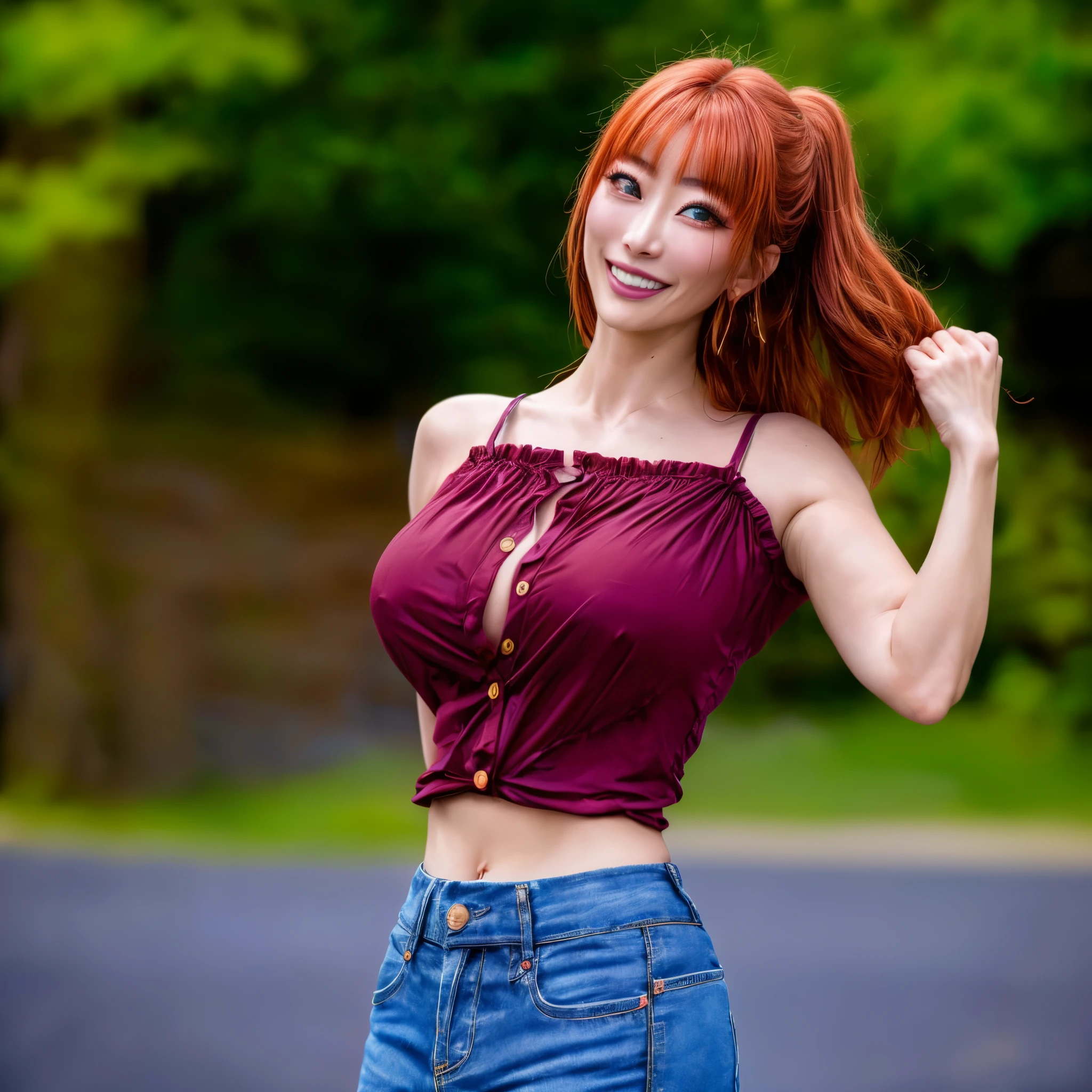 (best quality,4k,8k,highres,masterpiece:1.2),ultra-detailed, 39 year old Japanese woman, gyaru, five foot five inches tall, ginger colored hair, mole by her left eye, blue button up blouse, maroon jeans, large swollen breasts, wide hips, dancing around mid-western suburban american house, seductive pose, smiling lustfully, looking at viewer lovingly, HDR, 8k, absurdres, cinestill 800, sharp focus, add_detail:2